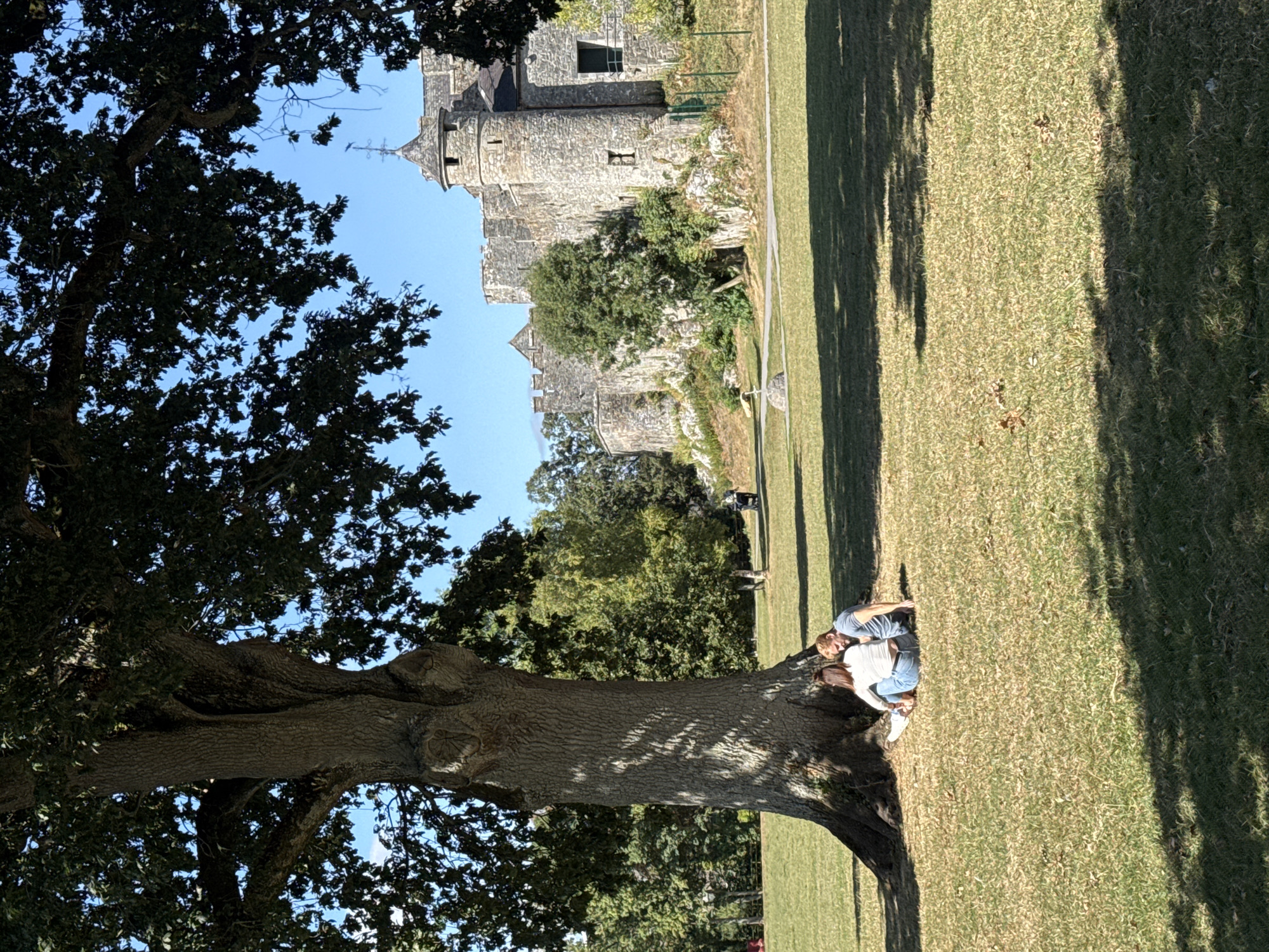 This image depicts a scenic view of Cahir Castle, a medieval fortress located in Cahir, Ireland, on a clear, sunny day. In the foreground, a large, mature tree with thick, textured bark casts a shadow over a grassy lawn. Seated at the base of the tree, facing away from the camera, are two individuals, a male and a female. They are casually dressed, with the female wearing a white top and blue jeans, and the male in a blue t-shirt and jeans. They appear to be in conversation or enjoying a quiet moment together.
The middle ground of the image features the expansive green lawn leading up to the castle. In the background, Cahir Castle stands majestically on a rocky outcrop. The castle is constructed of stone, with various towers, battlements, and windows visible. The architecture suggests a historical and well-preserved structure. Lush green trees and foliage surround the castle, adding to the picturesque setting. The sky above is a vibrant, cloudless blue, indicative of pleasant weather. The overall scene is one of tranquility and historical charm, with the natural beauty of the landscape complementing the imposing presence of the castle.