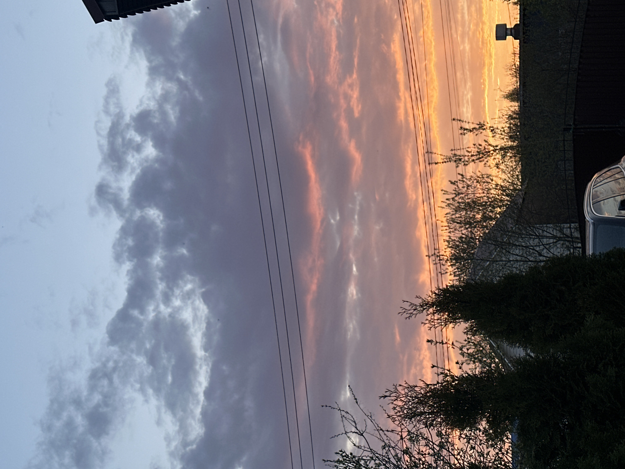 The image captures a sunset in the city of Chaikovsky, Russia. The sky features a gradient from bluish-grey clouds on the left to orange-pink hues on the right. Electrical power lines run diagonally across the sky. In the lower foreground, there is foliage, including evergreen trees and bare branches. A portion of a vehicle and a fence are visible in the background to the right. A building is present at the top of the image.