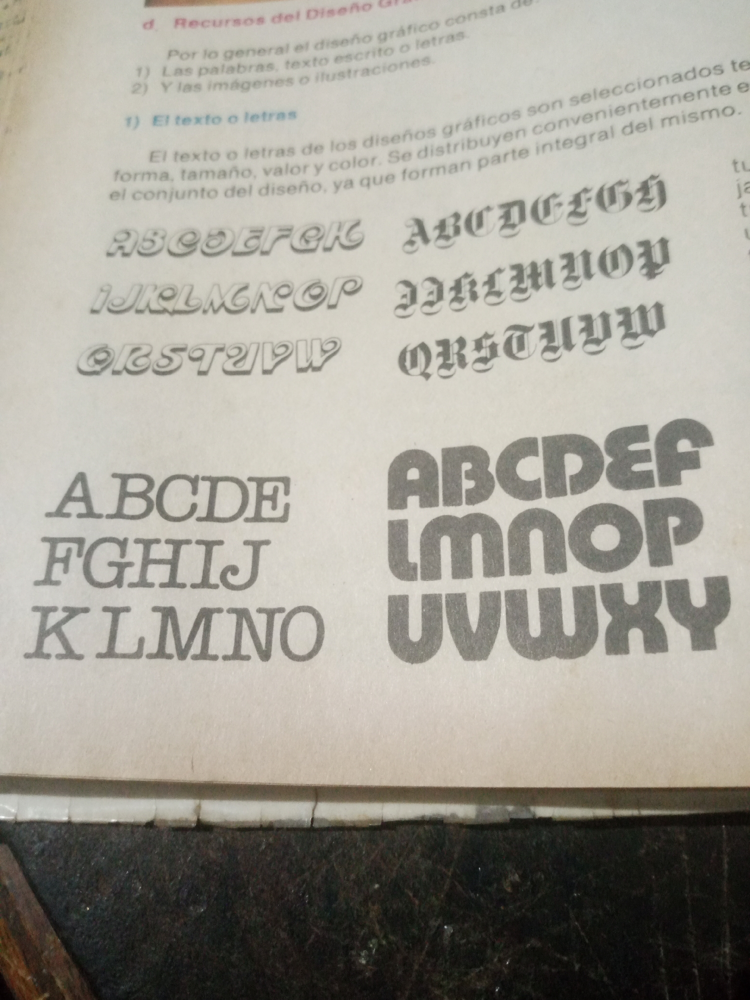 The image shows a page from a book or document with text and examples of fonts. The text discusses graphic design resources and the components of graphic design, specifically mentioning text and letters. Below the text, there are three rows of capital letters, each displaying a different font style. The first row has a gothic-style font, the second row has a similar gothic-style font, and the third row displays a bold, sans-serif font. Further down, there are two more sets of capital letters, one in a simple serif font and another in a bold, stencil-like font. The image does not contain any information about the city of Santa Ana, Venezuela, nor does it depict any people, objects, actions, interactions, or environmental details that would suggest a specific location. It is a close-up view of printed material.