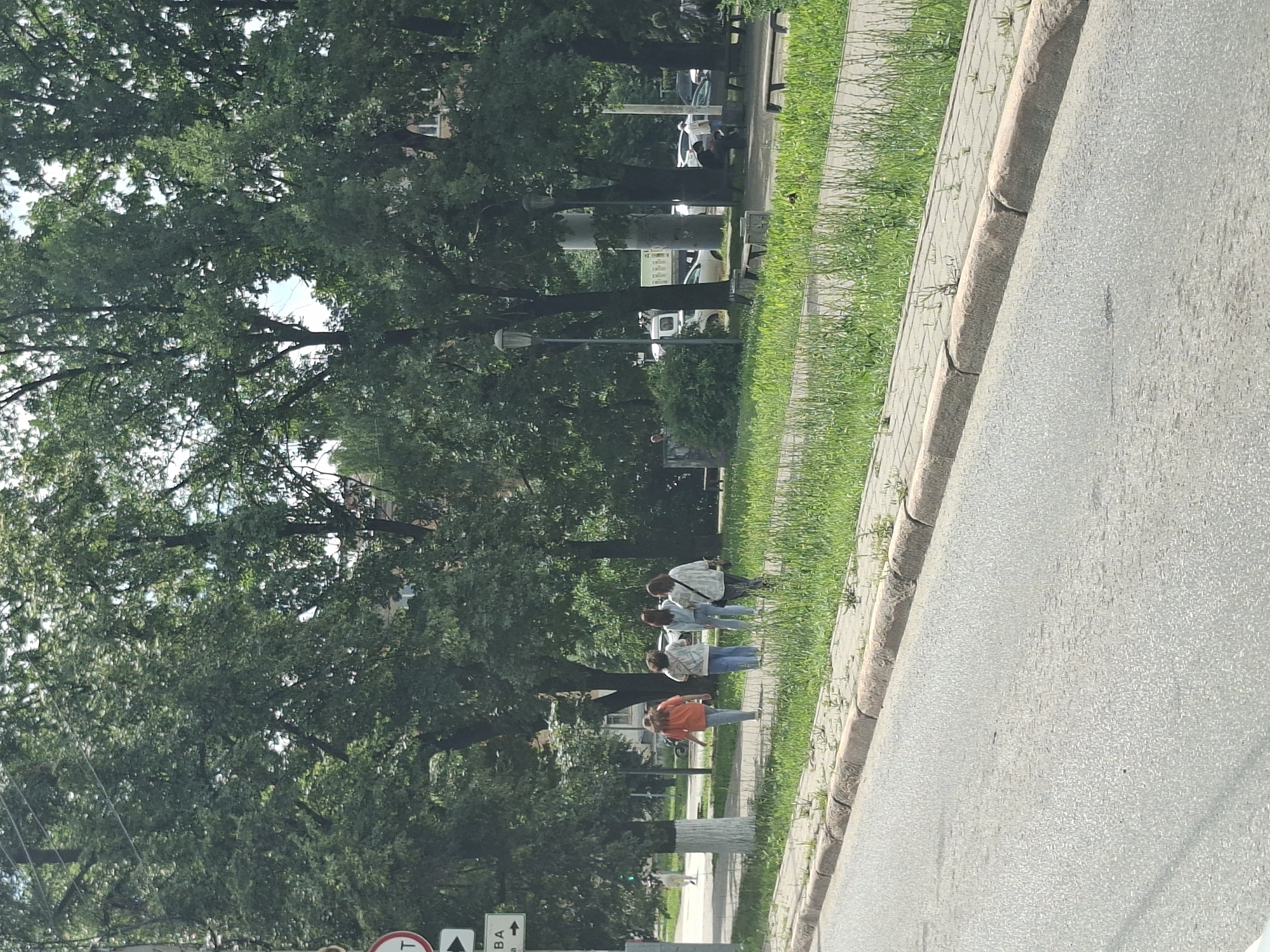 The image depicts a street scene with a sidewalk and a park area lined with trees. Several individuals are walking on the sidewalk. On the left side of the image, a traffic sign is visible. The scene is characterized by lush greenery from the trees and grass. In the background, buildings and parked vehicles are present. The foreground shows a portion of the asphalt road. The image appears to have been taken during daylight.