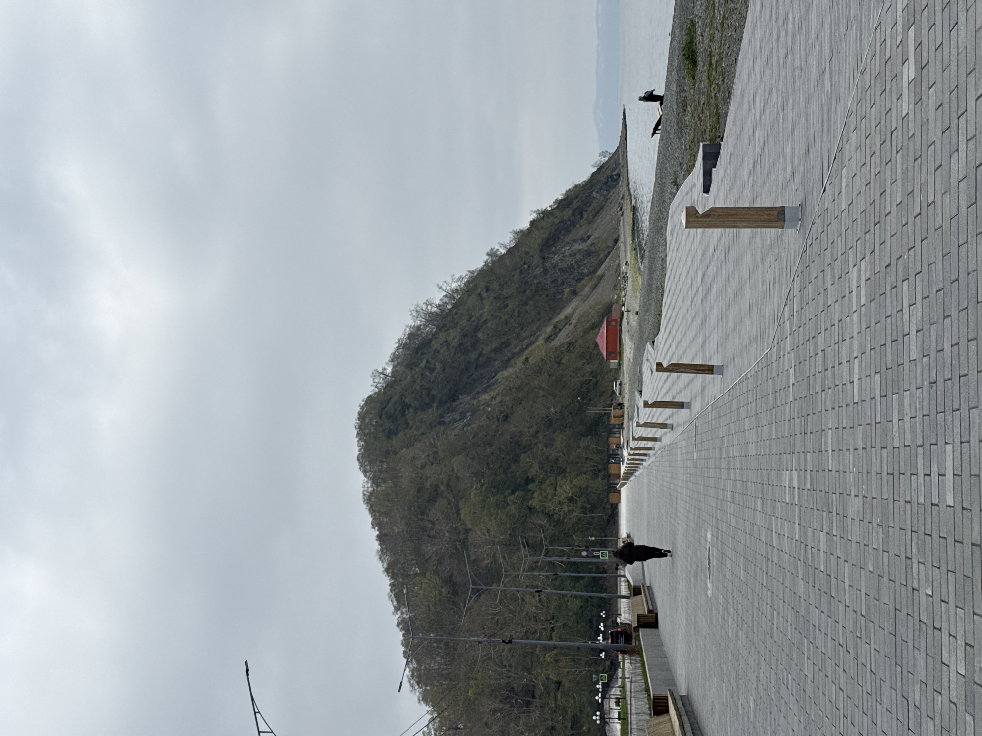 The image depicts a wide waterfront promenade in Petropavlovsk-Kamchatsky, Russia, under an overcast sky. A large, steep, tree-covered mountain dominates the left side of the frame, showing mostly bare trees, suggesting a cooler season like late autumn or early spring. A small building with a red roof is visible near the base of the mountain.
The promenade, paved with uniform grey rectangular blocks, stretches into the distance alongside a calm body of water on the right. Wooden benches or decorative bollards are spaced along the edge closest to the water. Multiple streetlights with several arms extend over the promenade, lining the edge further from the water.
In the mid-ground, a person dressed in dark clothing walks away from the camera along the paved path. Another individual is visible further down the promenade, closer to the water's edge. The overall scene suggests a quiet, open public space designed for leisure. Small green square signs with white arrows are attached to some of the lamp posts, indicating pedestrian directions.