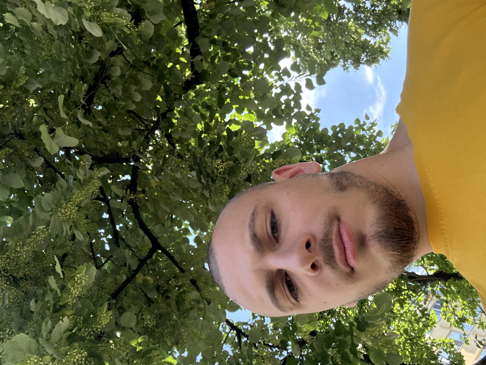 A male individual is depicted in a low-angle perspective, likely a selfie, in an urban environment in Stara Zagora, Bulgaria. He has a fair complexion, very short hair or a shaved head, and a short beard framing his chin and upper lip. He is wearing a plain, bright yellow t-shirt and looks directly into the camera. Above and surrounding him is a dense canopy of green leaves adorned with numerous small, pale yellow-green flower clusters, consistent with a linden tree. Bright sunlight penetrates the canopy, illuminating leaves and creating areas of dappled light. Patches of clear blue sky with minimal white cloud cover are visible through openings in the foliage. A light-colored, multi-story building with visible windows is partially discernible through the leaves in the lower left background.