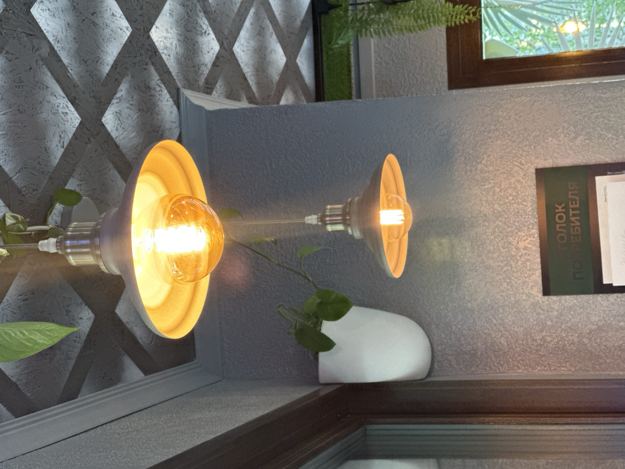 The image depicts an interior scene, likely a cafe or restaurant, featuring two Edison-style pendant light fixtures with exposed filament bulbs emitting a warm, orange glow. The ceiling above has a patterned texture with a diamond lattice design, casting shadows. A green leaf from a hanging plant is visible near the top fixture. To the left, a white wall-mounted planter holds a trailing green plant. A dark wooden frame is visible on the left side of the image, suggesting a window or doorway. On the wall below the lower light fixture, a green sign with text in Cyrillic is partially visible, reading "ГОЛОК ПОБЕДИТЕЛЯ". To the right, another dark wooden framed window reveals lush green foliage and hints of another light source, possibly from outside. The overall ambiance is cozy and dimly lit, with the light fixtures being the primary source of illumination. There are no people visible in the image. The location is identified as Plesetsk, Russia.