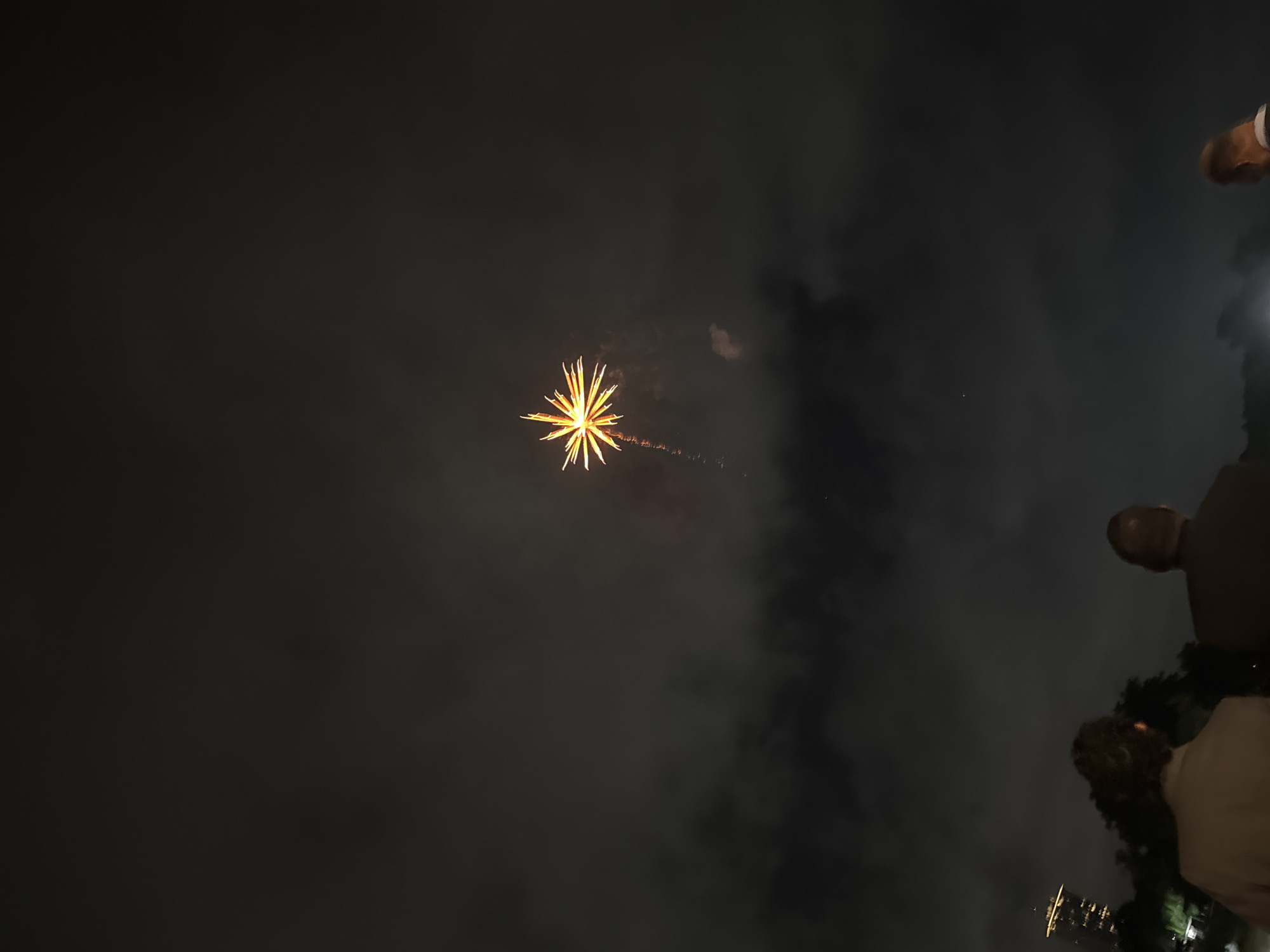 An outdoor nighttime shot shows a single yellow firework exploding in a cloudy, dark sky. In the foreground, three people are visible from the back, observing the display. The person on the left is wearing a tan jacket. The middle person is wearing a dark jacket, and the person on the right is wearing a white shirt with a dark collar. In the background, a tall building with lights is visible on the left side of the frame. The overall setting appears to be an urban environment.