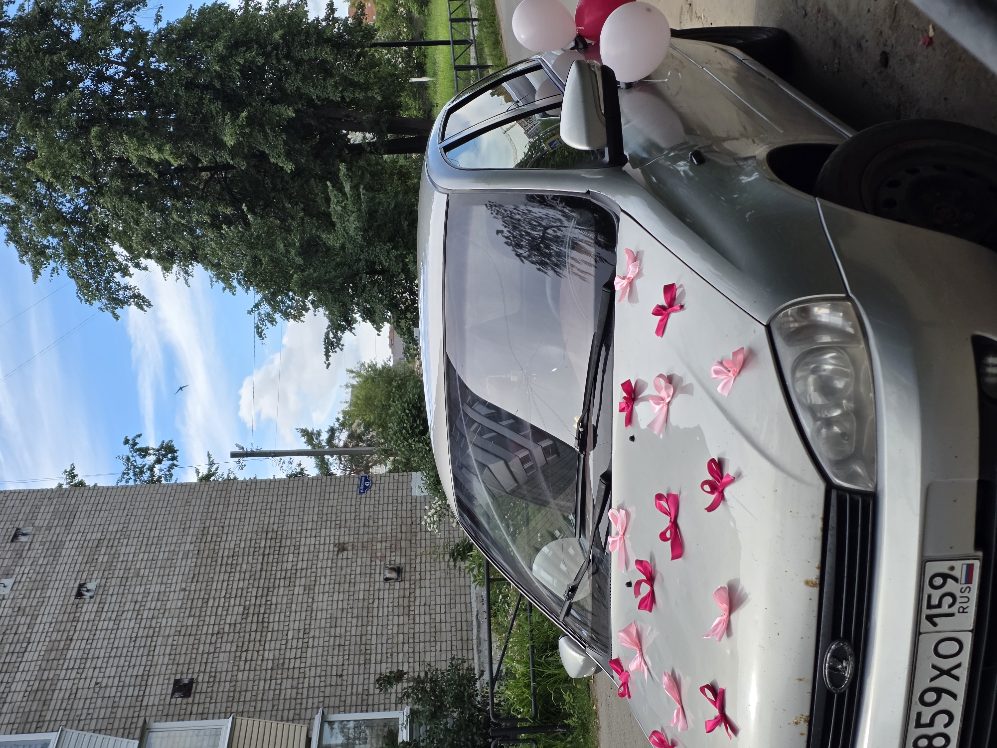 A silver Lada car, decorated with pink ribbons and balloons, is parked on a street in Chaikovsky, Russia. The car is the primary subject, positioned on a paved surface. The background includes a brick building, a tall green tree, and a blue sky with clouds. A street sign that reads "ул. Зорина 43" is visible on the building, indicating the location. The car's license plate reads "B59XO 159 RUS". There are no people visible in the image. The scene appears to be an outdoor setting, possibly a residential area.