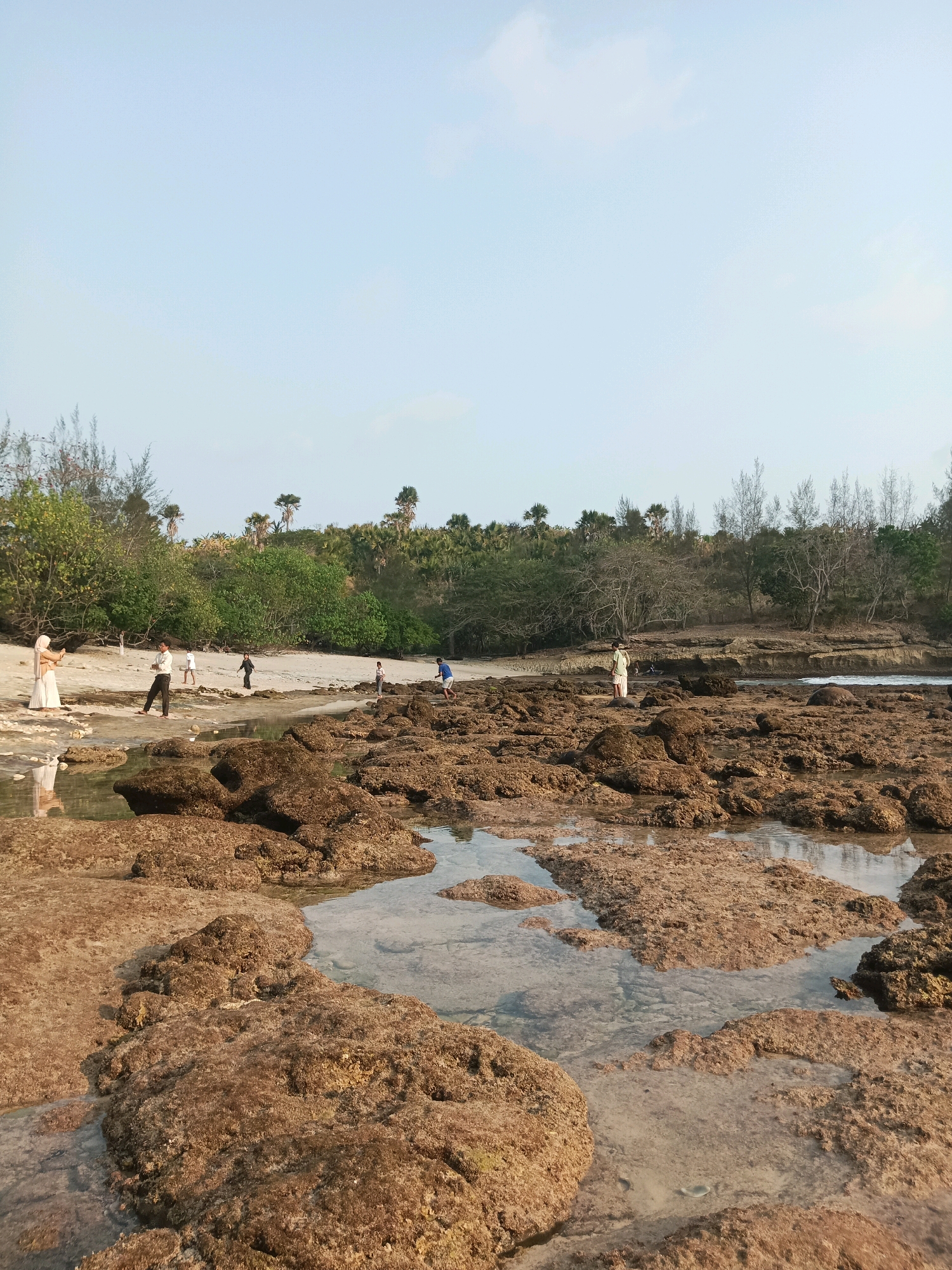 A scenic view of a rocky beach with several people enjoying the outdoors. The foreground is dominated by large, textured rocks of varying sizes, some partially submerged in clear, shallow water, reflecting the sky. In the mid-ground, a sandy beach stretches along the coastline, dotted with more rocks and a line of lush green vegetation forming a dense treeline. The background features a clear, pale blue sky with faint clouds.
Several individuals are visible:
On the far left, a person in a white hijab and dress is standing on the sandy area, possibly taking a photo.
Next to them, a person in a white shirt and dark pants is walking.
Further inland, a child in a white shirt and shorts stands near the treeline.
To the right of the child, another person in dark clothing is walking.
In the distance, near the water's edge, a person in a red shirt and blue shorts is visible.
On the sandy beach, a person in a light-colored outfit is walking.
Another individual in a light-colored shirt and shorts is standing on the rocks closer to the water on the right side of the image.
There are also two figures in the far distance on the beach, indistinct.
The environment appears to be a coastal area, possibly a public beach given the presence of people. The vegetation suggests a tropical or subtropical climate. The lighting indicates it is daytime, likely late afternoon or early morning due to the soft light. The scene is peaceful, with people engaged in leisurely activities.
The location is identified as Unknown, Indonesia.