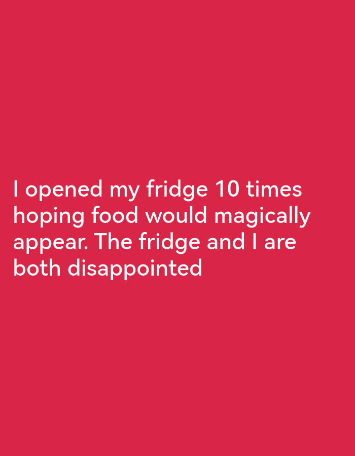 The image shows white text on a plain red background. The text reads: "I opened my fridge 10 times hoping food would magically appear. The fridge and I are both disappointed." There are no discernible objects, people, or environmental features in the image. The location of Lagos, Nigeria is not present in the image.