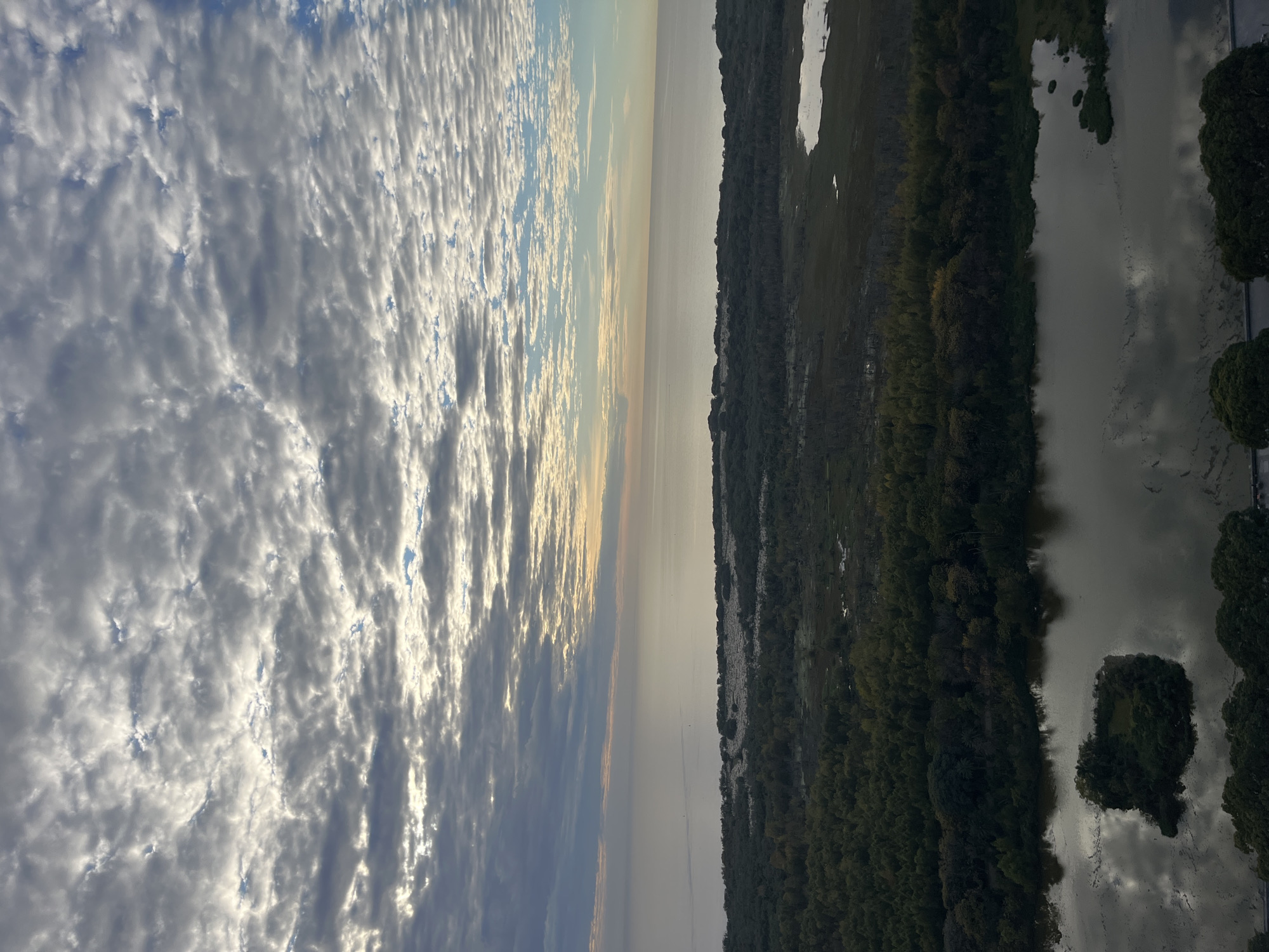 The image depicts an aerial view of a landscape divided into three distinct sections: a cloudy sky, a body of water, and a wooded area. The sky occupies the left third of the frame, filled with dense, striated clouds illuminated by sunlight. The middle third shows a grey body of water, likely a river or bay, with a hazy atmosphere obscuring the horizon. The right third features a dark green wooded area with visible trees and undergrowth, bordering the water. Reflections of the sky and trees are visible on the water's surface. There are no people visible. Specific location details are not discernable from the image.