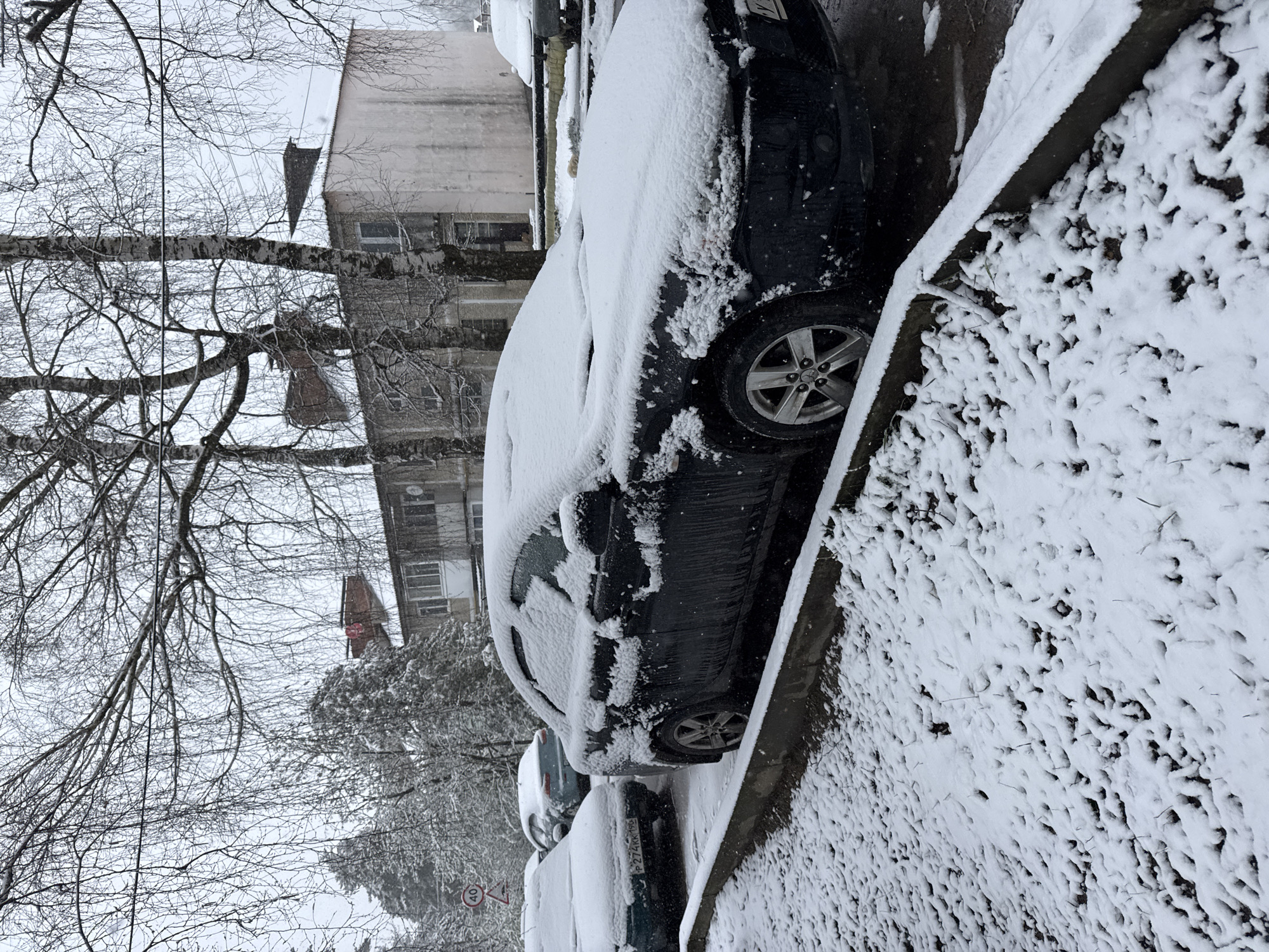 The image depicts a snow-covered street in Раздолье, Russia. Several parked cars are heavily laden with snow. Bare trees are visible in the background along with buildings. The sidewalk is also covered in snow. The scene suggests a recent snowfall in a residential area.