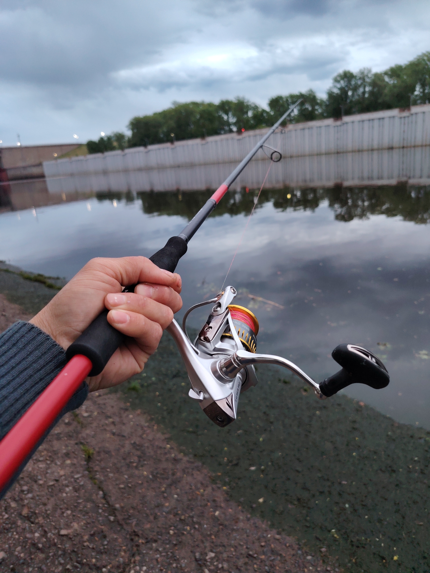 A person is holding a fishing rod and reel near a body of water in Chaikovsky, Russia. The fishing rod is red and black with a silver reel. The reel has orange fishing line spooled on it. The person is holding the rod with their right hand, and the lower part of their left arm is visible. The background shows a concrete embankment, trees, and a cloudy sky. The water reflects the sky and the embankment. The shoreline is visible in the lower foreground.