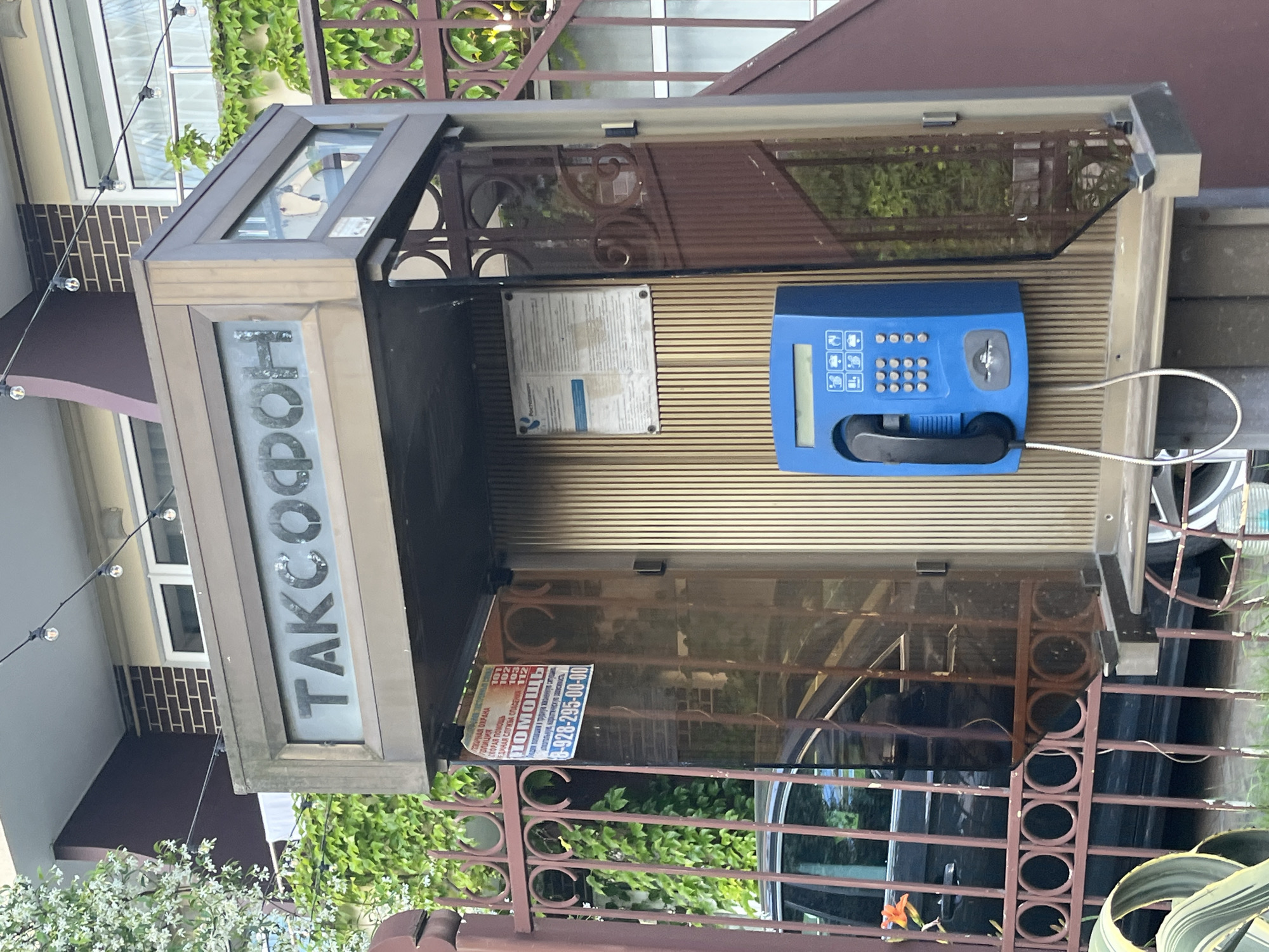 A public payphone booth with the Cyrillic word "ТАКСОФОН" (TAXOphone) is visible in an outdoor urban setting. The booth is made of metal and glass and houses a blue payphone with a keypad and handset. A sign with Cyrillic text and phone numbers is attached to the exterior. The booth is situated near a brown metal fence with decorative circular elements. Behind the fence, a dark-colored car is partially visible, and lush green foliage grows on the building behind it. A string of small lights is strung across the top of the booth and the surrounding building. The overall environment suggests a street or public area, possibly in a city like Sochi, Russia, given the Cyrillic signage. There are no people or animals present in the image.