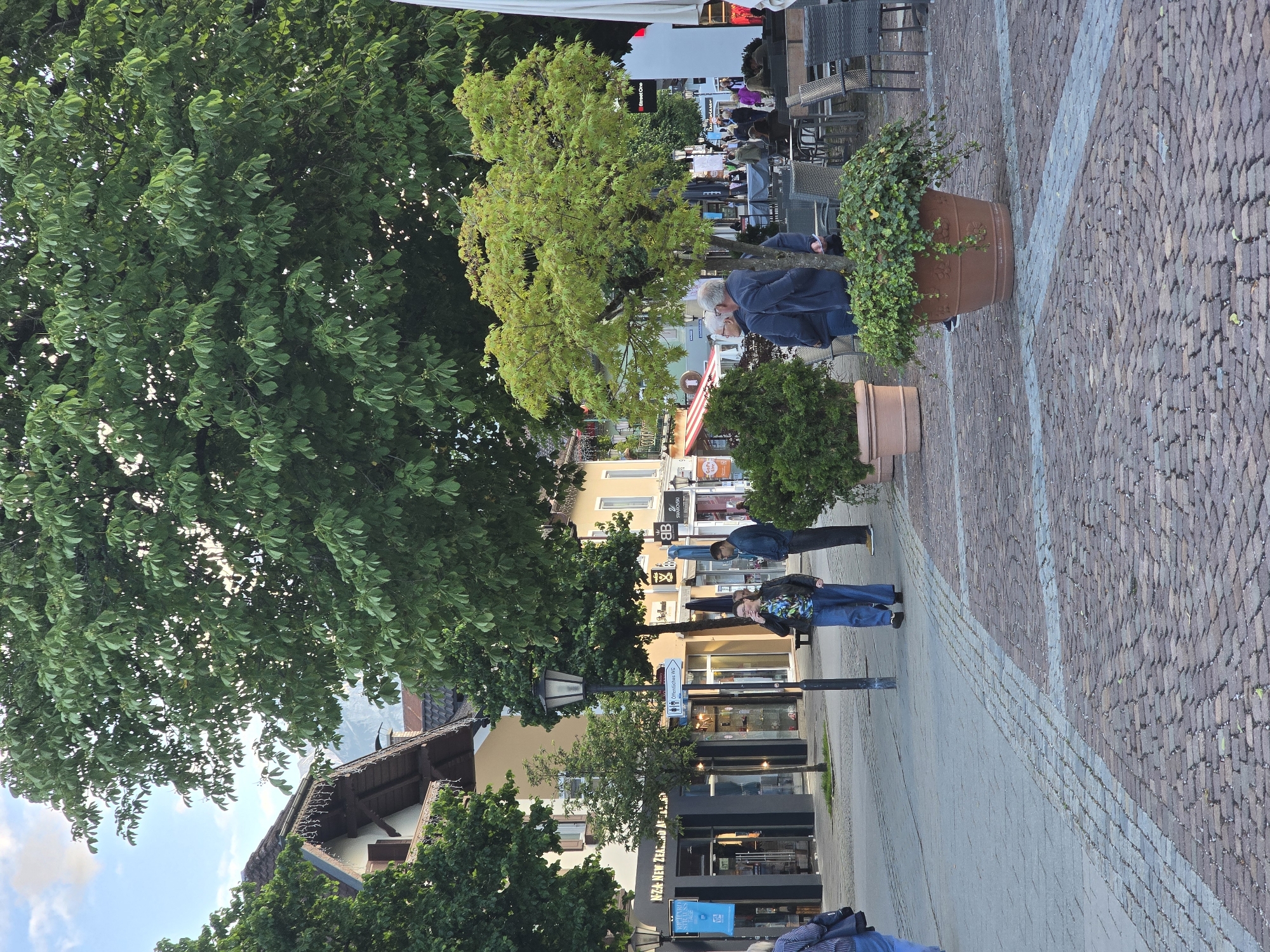 This image depicts a pedestrian shopping street in Garmisch-Partenkirchen, Germany, illuminated by natural daylight, suggesting late afternoon or early evening. The background reveals mountain ranges through gaps in the foliage.
The street is paved with a distinctive pattern of grey and reddish-brown cobblestones and pavers. On the left, traditional Bavarian-style buildings, featuring multi-story structures with brown wooden accents on roofs and balconies, house ground-level shops. One shop displays "NZA NEW ZEALAND APPAREL" signage. A dark lamppost stands centrally in the pedestrian area, bearing a sign that points left and reads "Öffentliches WC" (Public Restroom).
In the mid-ground, a woman with glasses, wearing a multi-colored patterned shirt and blue jeans, stands facing slightly right, holding a lit cigarette to her mouth. To her right, a man in a dark blue jacket and blue jeans stands, oriented towards the right. Further right and slightly behind them, two older men with grey hair, dressed in dark jackets, are positioned near a small, light green deciduous tree, appearing to be in conversation or observing the area to their right.
Beyond these individuals, an outdoor cafe area is visible, furnished with multiple dark tables and chairs. Several pedestrians are present in the mid-ground and background, some walking and others seated at the cafe tables. Shop facades in the background display additional branding, including "Street One," a "SWAROVSKI" logo, and a "BB" logo.
The scene is heavily treed, with several large, mature deciduous trees featuring dense green foliage lining the street and filling much of the upper frame. Multiple large terracotta planters containing green plants, including ivy, are strategically placed along the paved area.