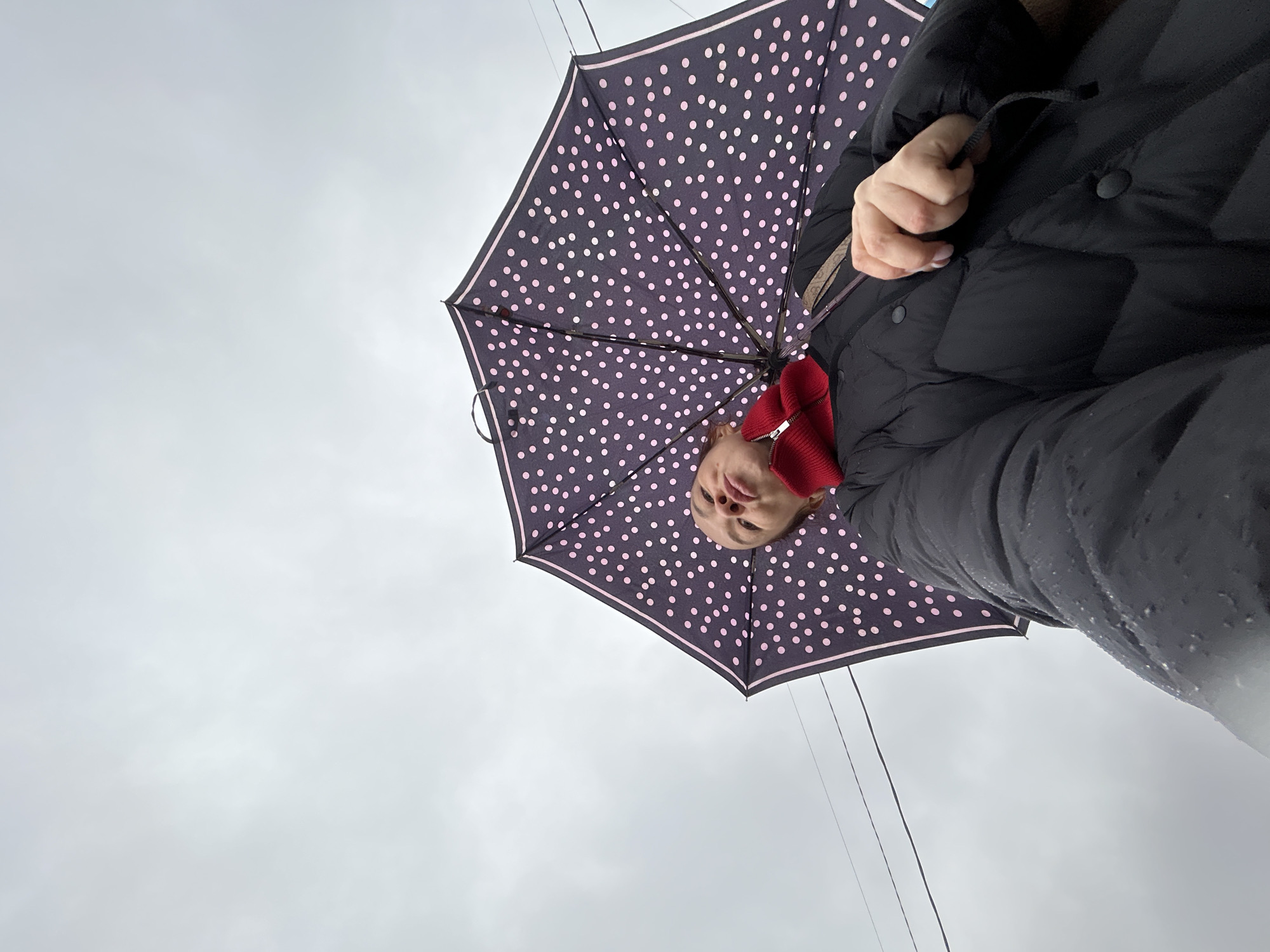 A low-angle, tilted photograph captures a person holding an open umbrella against an overcast sky, viewed from directly below. The individual, likely female, wears a black puffer jacket and a red high-collared garment or scarf. Only the lower part of their face – chin, lips, and nose – is visible, looking directly towards the camera with a neutral expression. Their hand, with painted fingernails, grips the umbrella's handle.
The umbrella is a prominent feature, dark purple or black with numerous small pink polka dots and a pink border along its edges. Its internal structure and ribs are visible from this perspective. The background consists entirely of a flat, light grey, cloudy sky, suggesting overcast or rainy weather conditions. A few thin, dark lines, likely power lines or wires, cut across the sky in the upper right portion of the image. The scene takes place outdoors, possibly in Chaikovsky, Russia, during the daytime. There is no visible text in the image.