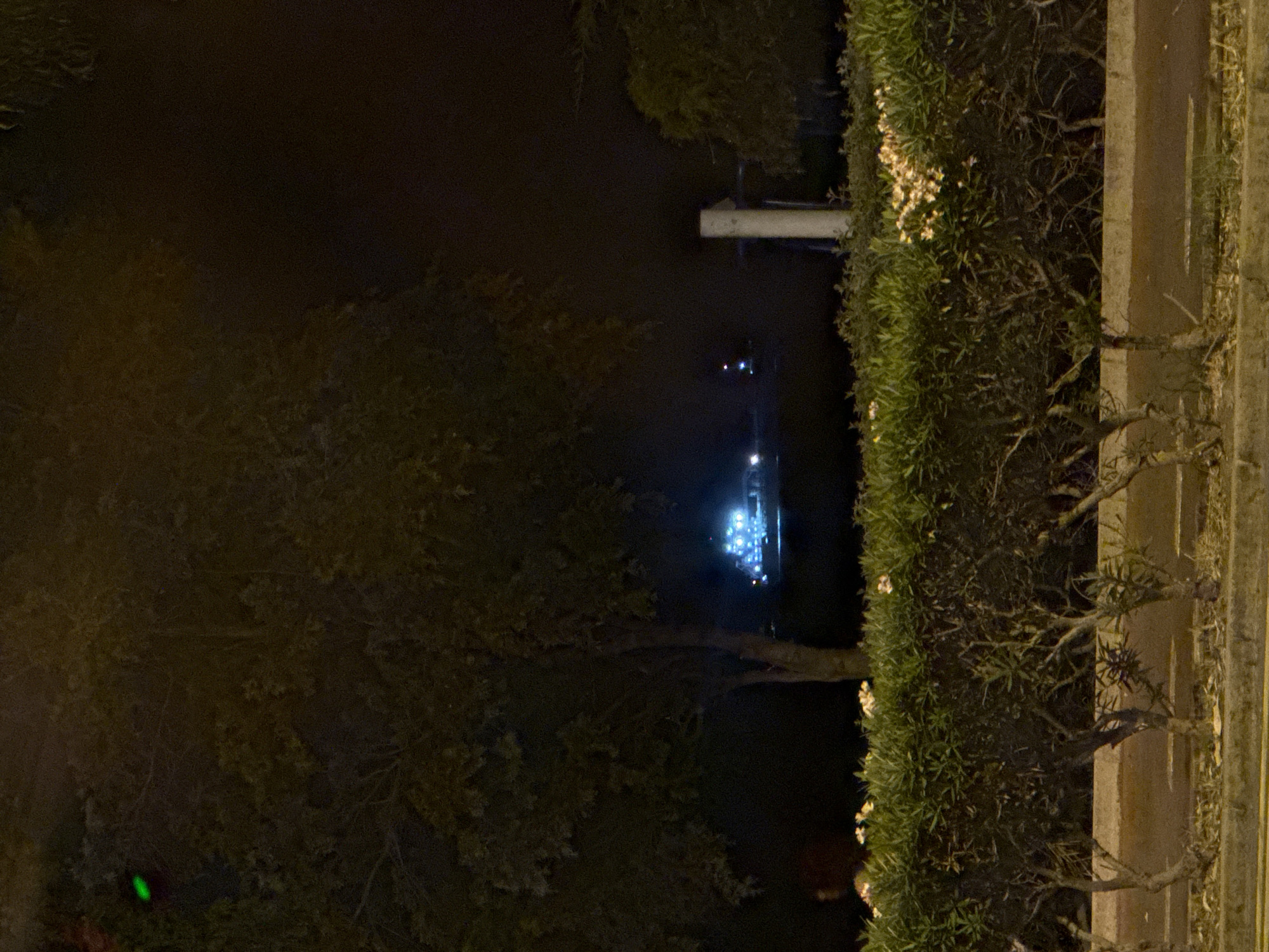 The image captures a nighttime scene in Limassol, Cyprus. A dark, leafy tree occupies the left side of the frame. In the mid-ground, a distinct structure with multiple bright blue lights is visible, appearing to be illuminated. To the right, a white vertical pole stands near a cluster of green bushes. The foreground is dominated by a line of manicured green bushes and a paved road with visible markings. The overall atmosphere is dark, with artificial lights providing the primary illumination in the distance and on the white pole.