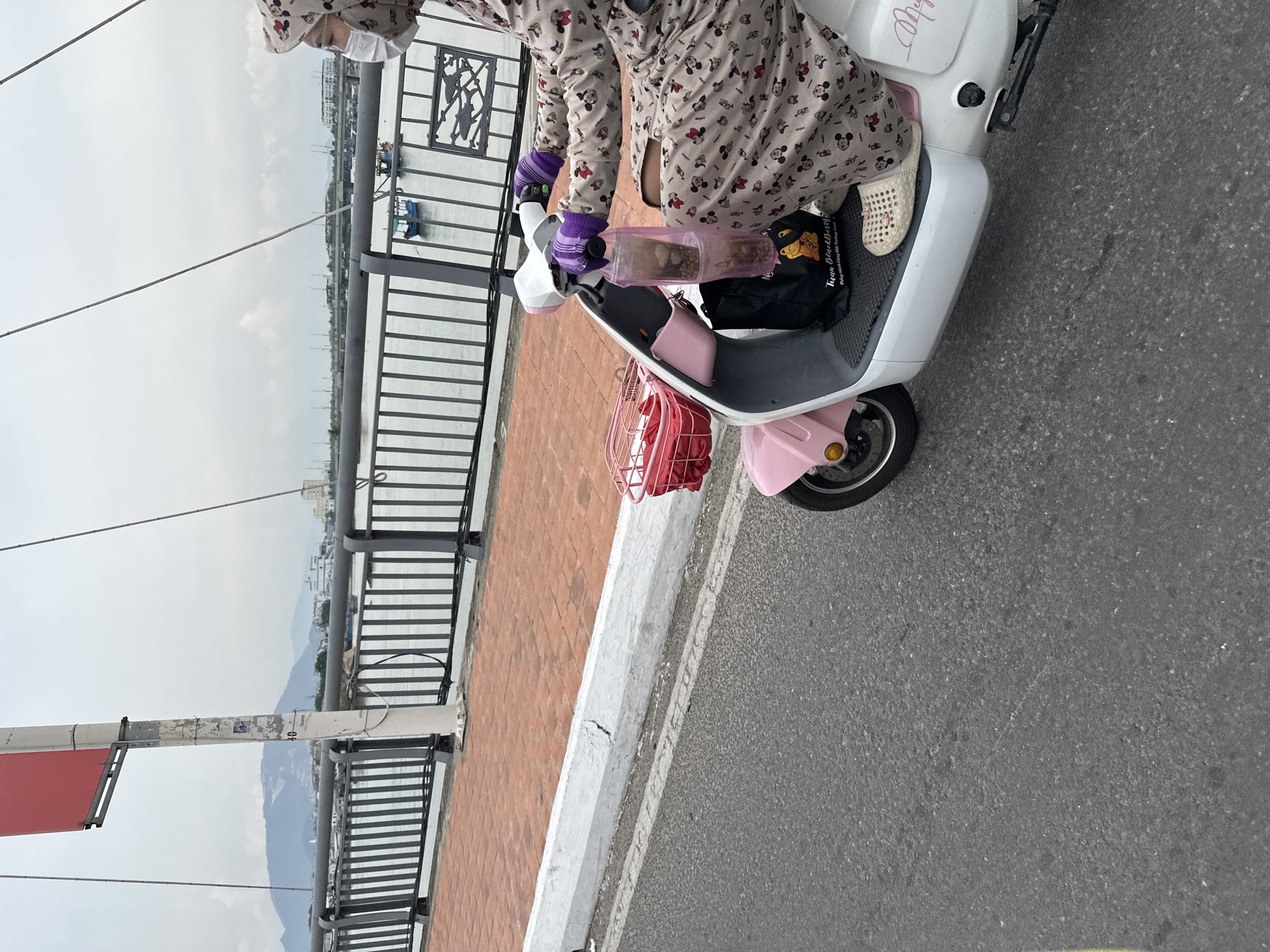 The image shows a person riding a light pink and white scooter on a bridge in what appears to be Bac Nha Trang Ward, Vietnam. The person is wearing a printed pajama-like outfit, gloves, and a face mask. They are carrying a transparent container with contents and a black bag on the scooter. A red basket is visible near the front of the scooter. The bridge has metal railings with a view of water, buildings, and hills in the background. The road surface appears to be asphalt.