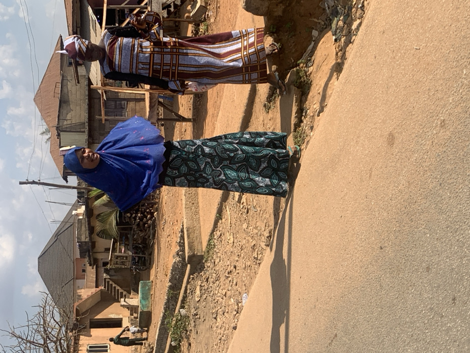 The image depicts an outdoor street scene in Egbedi, Nigeria, under bright daylight with a partially cloudy sky. An asphalt road occupies the foreground, slanting from the lower left to the middle right. Adjacent to the road, two adult females stand on an elevated, uneven dirt and gravel shoulder. The female on the left wears a blue hijab with a scalloped edge, a dark skirt patterned with teal and white motifs, and green flip-flops; her mouth is open as if speaking or smiling. The female on the right wears a multi-colored patterned headwrap and a long, vertically striped dress in shades of brown, white, and red; she holds a white plastic bag in her left hand and a smaller object in her right hand.
In the mid-ground, to the left, an adult male holding a small child's hand walks away from the camera, approaching a building. Behind them, a multi-story building with a dark hip roof and external stairs is visible. Further right in the background are additional buildings, including one with a rusted corrugated metal roof and exposed concrete block walls. Utility poles and overhead lines are present throughout the background. A pile of wood and a two-wheeled vehicle are discernible in the mid-ground. Distinct shadows are cast onto the road and ground, indicating direct sunlight.