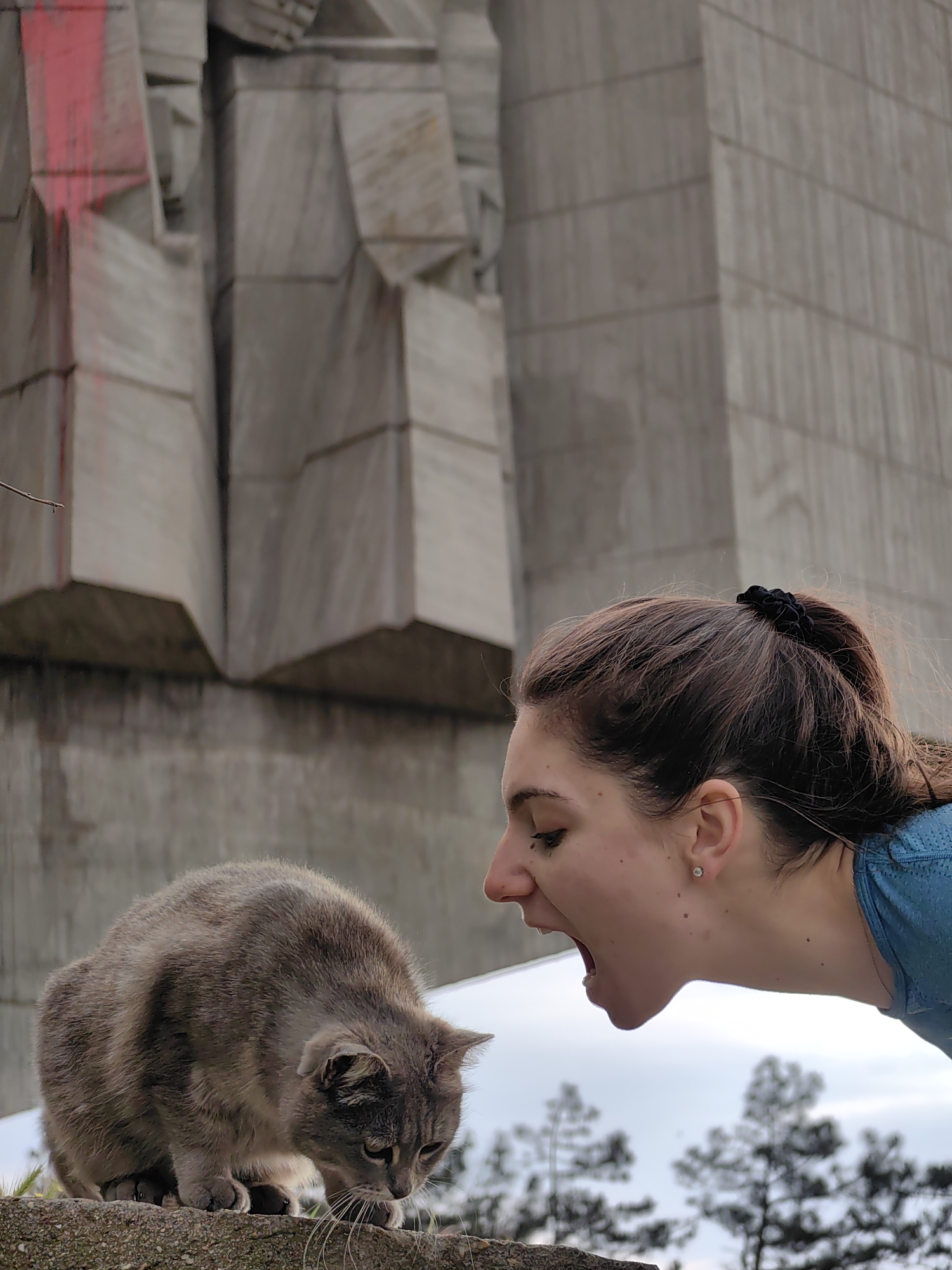A young woman with dark hair pulled back into a ponytail and wearing a blue top stands in profile, her mouth wide open, facing a grey cat perched on a ledge. The woman's face is turned towards the cat, suggesting an interaction, potentially playful or expressive. The cat is looking down at the ledge, focused on something in front of it. They are in front of the Monument of the Bulgarian-Soviet Friendship in Varna, Bulgaria, visible as a large concrete structure with some red paint on its upper left side. Some treetops can be seen below the ledge.