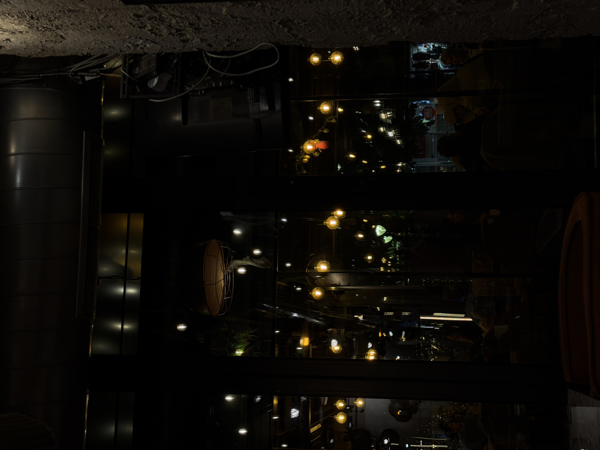 The image displays an interior scene at night, likely a modern restaurant, bar, or cafe in Sofia, Bulgaria. The environment is predominantly dark, illuminated by numerous warm-toned light bulbs, resembling Edison bulbs, which are strung or mounted throughout the space. These lights create a cozy and intimate atmosphere and are heavily reflected in what appear to be large glass partitions or windows, resulting in a layered visual effect where direct light sources and their reflections often overlap.
Architectural and decorative elements include large, dark, metallic cylindrical structures on the left side, possibly ventilation ducts or columns, and a rough, textured ceiling. A distinctive circular object with a caged front, perhaps a decorative fan cover, is visible towards the right side. Small potted plants or greenery are interspersed among the lighting arrangements, adding natural accents.
Faint reflections and silhouettes of people can be discerned within the glass panels, particularly in the middle and upper right sections of the image, suggesting patrons are present, dining or socializing. A hint of an orange or brown upholstered chair or booth seat is visible on the far right. A notable detail is the reflection of the word "SALE" on a red background, visible in one of the glass panels, potentially from an external shop sign or advertisement. The scene evokes a stylish and comfortable setting for evening entertainment or relaxation.