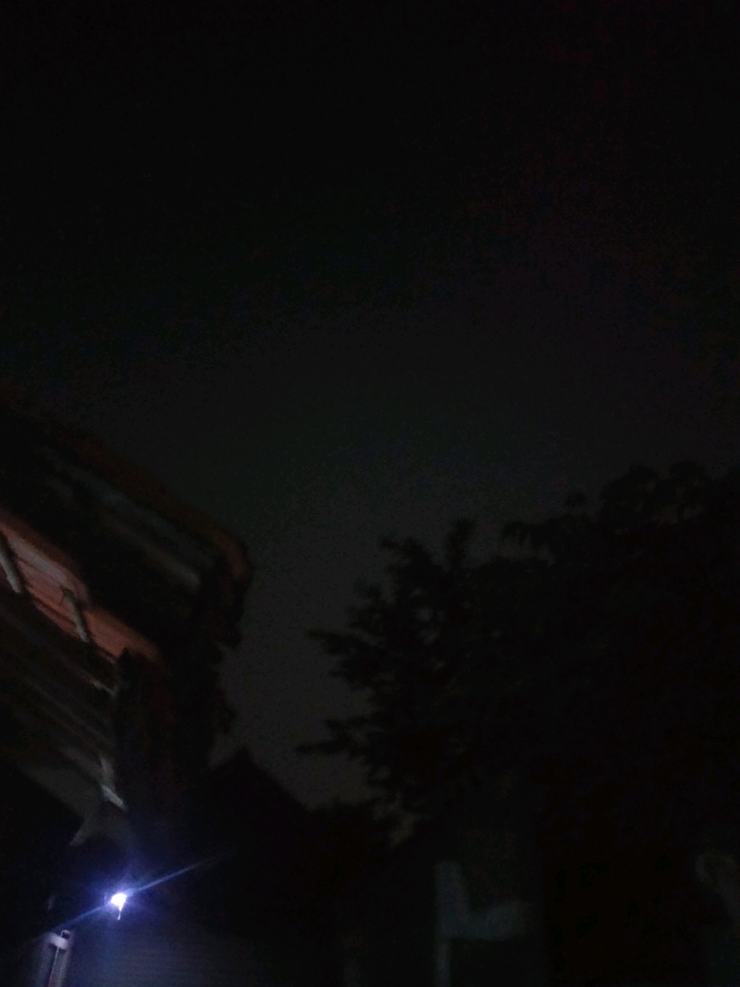 The image appears to be taken at night in Suka Sari, Indonesia, as indicated by the presence of a building with a red-tiled roof and overgrown foliage. The lighting is dim, with a single bright light source in the lower left corner, possibly a streetlamp or a porch light, casting a blueish glow. Silhouetted against the faint night sky are the branches of trees and the outline of a building. The overall scene is dark and atmospheric, suggesting a quiet, residential area.
