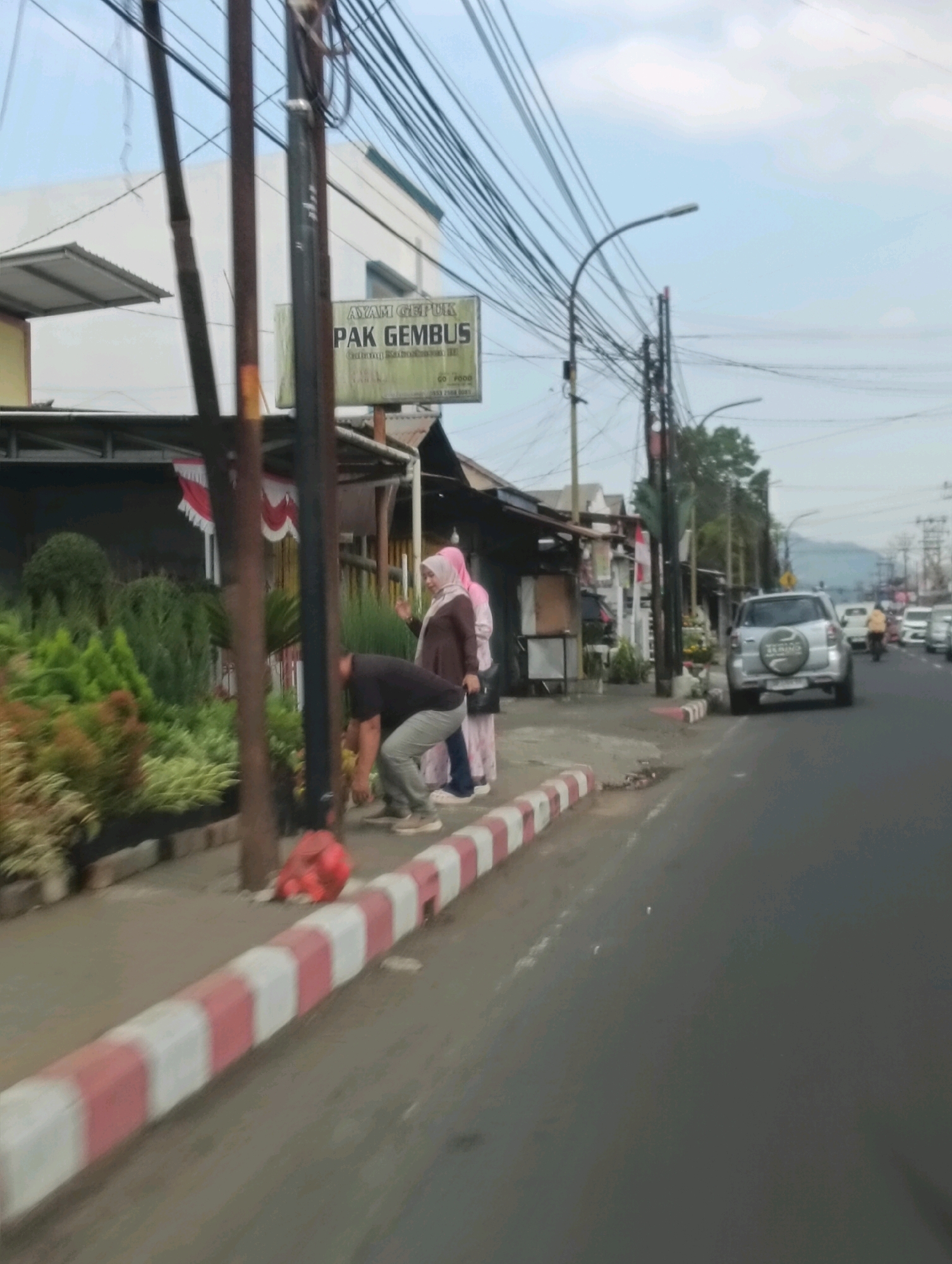 The image depicts a street scene in Tomohon, Indonesia, with a focus on a roadside business. In the foreground, a man in a black shirt and gray pants is bent over, appearing to adjust something on the ground near a display of potted plants. Two women in hijabs stand behind him, one in a pink hijab and the other in a brown outer garment over a lighter colored outfit. The plants are arranged on a raised platform or sidewalk.
Behind the plants is a building with a white facade and a green sign that reads "AYAM GEPUK PAK GEMBUS" and "GO FOOD". This indicates a food establishment. Further down the street, a silver SUV is parked on the right side of the road, and several other vehicles, including motorcycles and vans, are visible in the distance. Overhead, a dense network of electrical wires crisscrosses the sky. The road itself is paved, with a red and white striped curb delineating the sidewalk. The overall impression is of a busy urban environment with commercial activity.