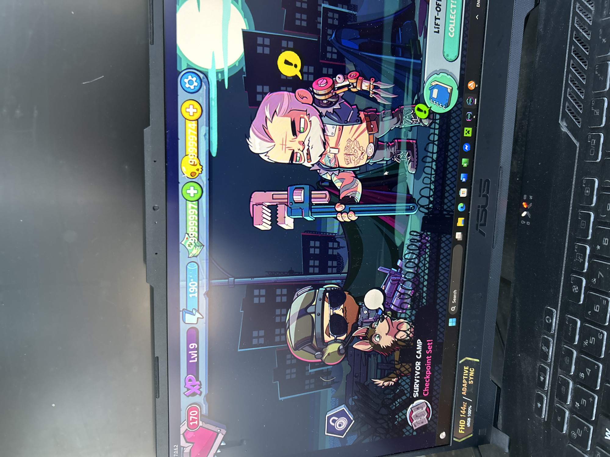 This is a screen capture of a video game on a laptop. The game features a stylized, cartoonish urban environment at night. In the foreground, two characters are visible: a soldier with a dog and a grizzled man with a robotic arm holding a large wrench. The game interface shows a level indicator of "Lvl 9," an experience point value of "190," and two currency values: "99999997" and "9999974". The laptop is an ASUS brand, indicated by the logo below the screen. The lower part of the image shows a portion of the keyboard. The background depicts silhouetted buildings and a large moon. The image does not contain any information about the city of Sozopol, Bulgaria.