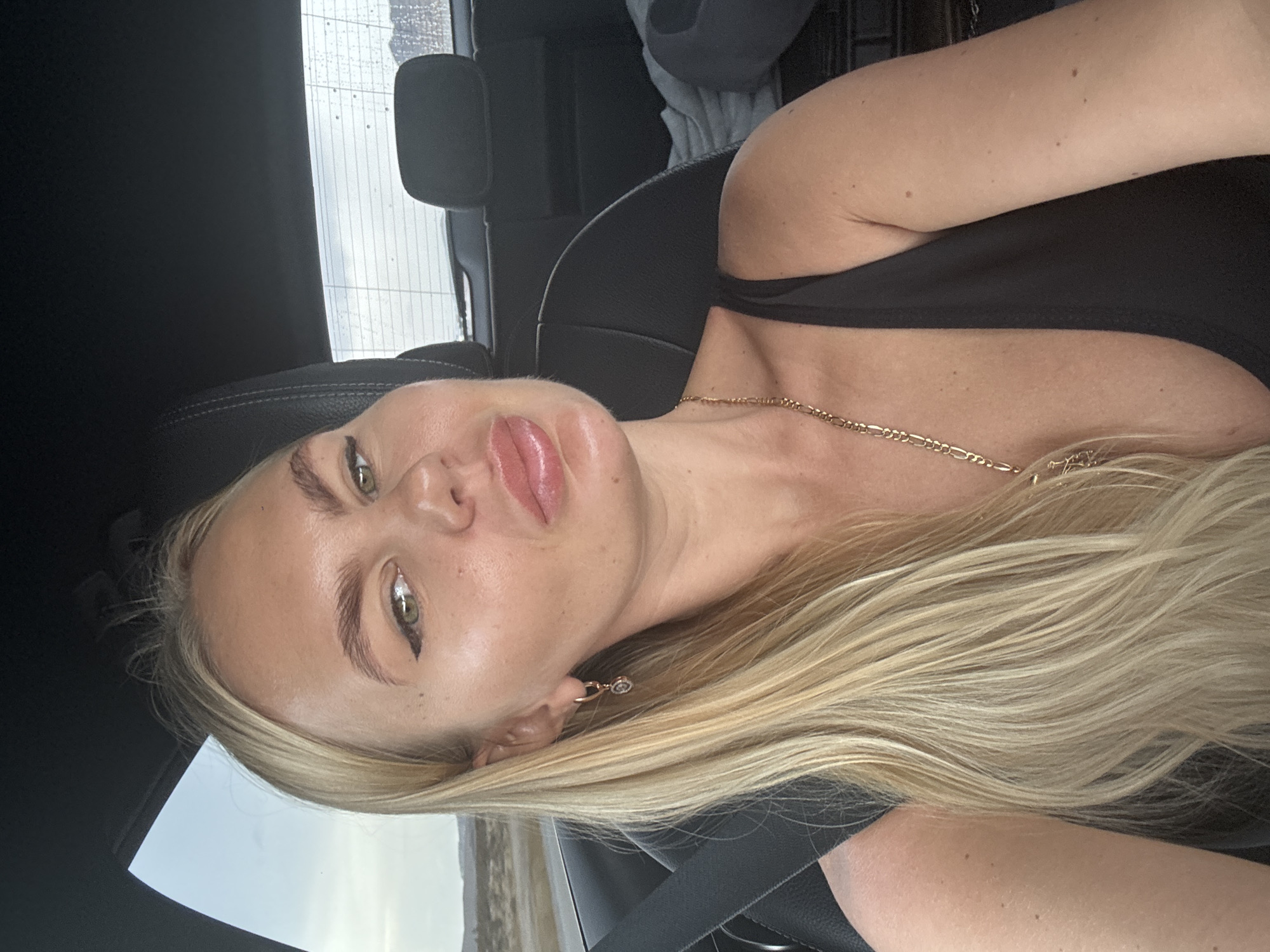 A close-up, head-and-shoulders selfie of a blonde woman in a black tank top, taken from inside a vehicle. The woman is looking at the camera with a pout. Her hair is long and blonde, and she is wearing a gold necklace and a small hoop earring. The interior of the car, including the seat and seatbelt, is visible. The background outside the car appears to be a desert landscape under a cloudy sky, suggesting the location might be on a road in or near the city of Henderson, United States.