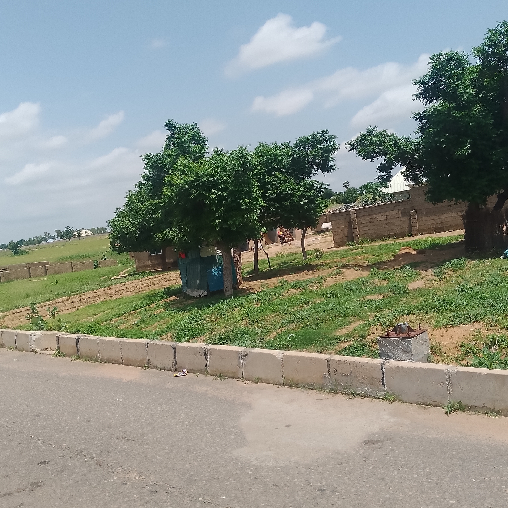 The image depicts an outdoor scene in Jalingo, Nigeria, under a bright, partially cloudy sky, suggesting it is daytime. The foreground shows a paved road with a concrete barrier separating it from a grassy area. On the grass, there are rows of tilled soil, indicating a garden or agricultural plot.
Further into the scene, a low concrete wall delineates a property boundary. Beyond this wall, several trees with lush green foliage are visible, casting shadows on the ground. Adjacent to the trees, there are structures that appear to be small buildings or shelters, one of which is painted blue. A person in a red shirt is partially visible near one of the structures. In the distance, more buildings and trees are scattered across a gently sloping landscape. A larger, more substantial wall runs across the middle ground, with a building visible behind it.
A notable detail in the foreground on the road is a colorful object, possibly discarded packaging, lying near the concrete barrier. A concrete base with metal fixtures stands on the grassy area to the right of the image. The overall impression is of a rural or semi-urban environment during the day, with evidence of both construction and cultivation.