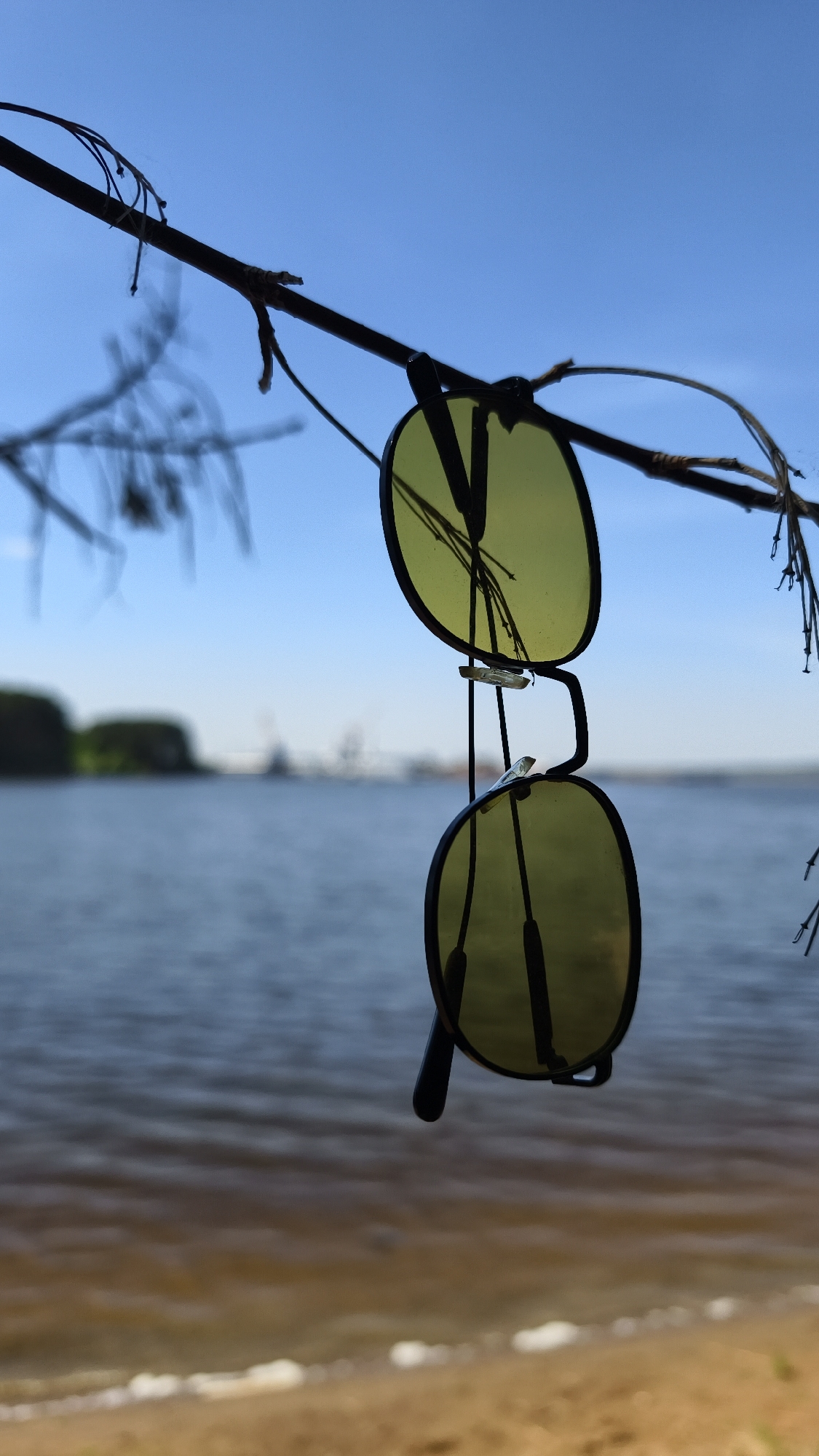 A pair of sunglasses hangs from a bare tree branch in front of a body of water, likely a lake or river. The sunglasses have round, olive-green lenses and a black metal frame. The branch is thin and somewhat weathered, with a few delicate twigs extending from it. In the background, across the water, are indistinct shapes that suggest either land or structures. The foreground features a sandy beach. The sky is a clear, light blue. This scene is situated in the city of Chaikovsky, Russia.