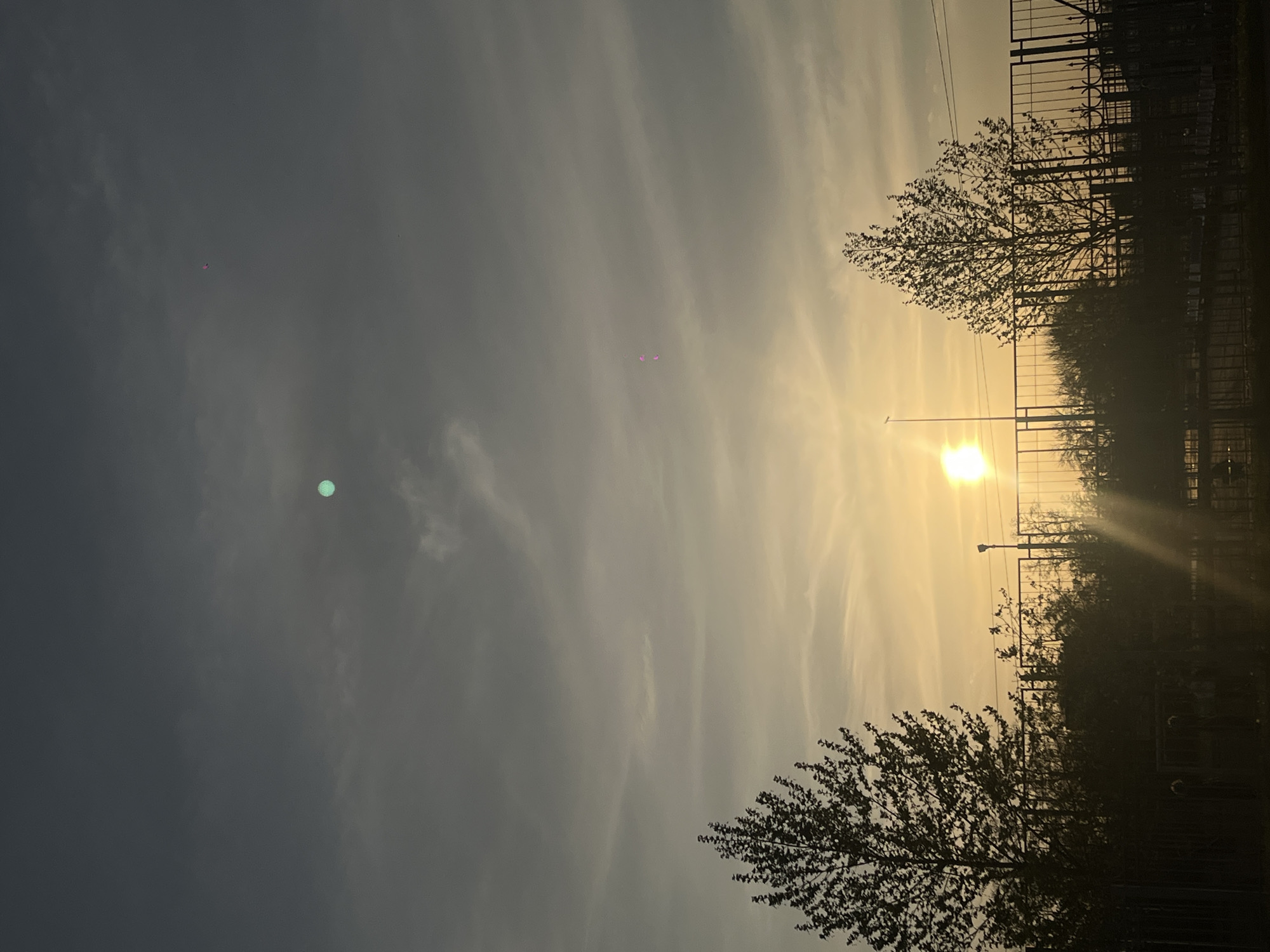 The image depicts a landscape with a prominent sky. The sky transitions from a dark gray-blue on the left to a hazy, light yellow-white near the horizon on the right, where the sun appears to be setting. There are wisps of clouds scattered throughout the sky.
In the foreground and midground, there are silhouettes of trees and a fence or structure. A lamppost is visible near the center. The overall scene suggests an outdoor environment at either sunrise or sunset, with a focus on the interplay of light and shadow.
There is no definitive information within the image to confirm a location in Novopokrovskaya, Russia. The image features a green dot and several pink-red dots in the upper-left of the picture that are likely aberrations caused by the camera lens during capture.