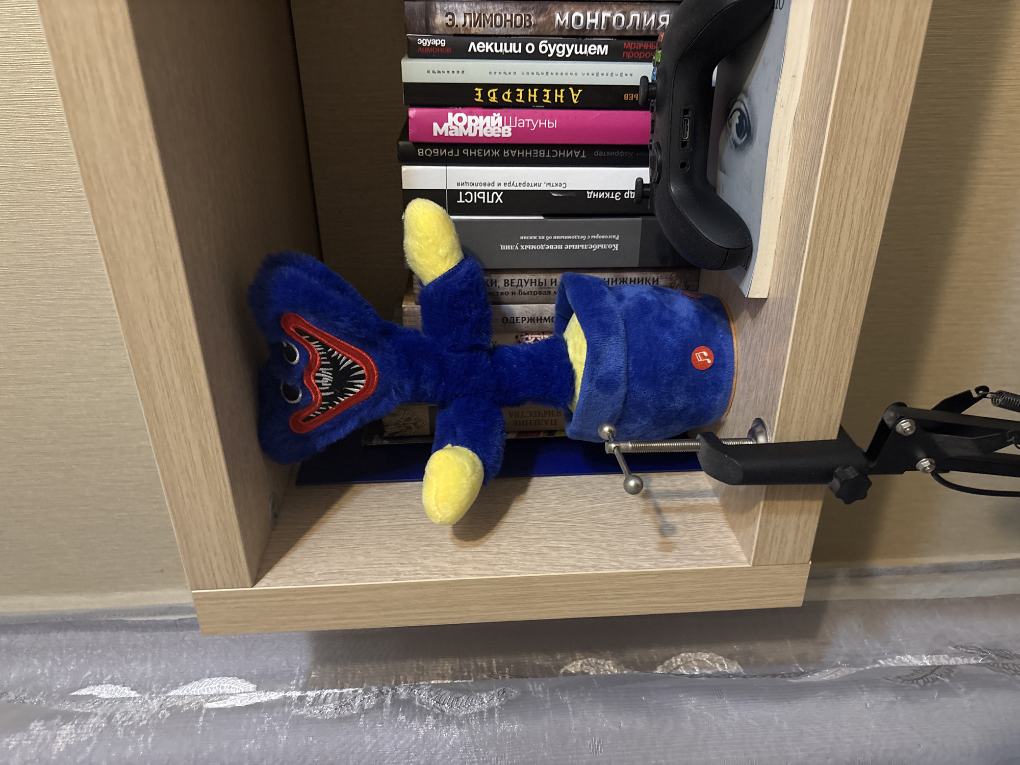 A blue plush toy with yellow accents, resembling a monster with sharp teeth and a wide smile, sits in a blue pot on a wooden shelf. The toy has a red musical note symbol on its pot. Behind the toy, a row of books is visible on the shelf, some with text in Russian. A black video game controller rests on a book in front of the row of books. To the left of the shelf, a sheer, silver-grey curtain is visible. A black clamp-like object is attached to the shelf in front of the toy. This scene is indoors, likely in a residential setting. The provided crops do not contain information to ascertain the specific location of Otradnoye, Russia.