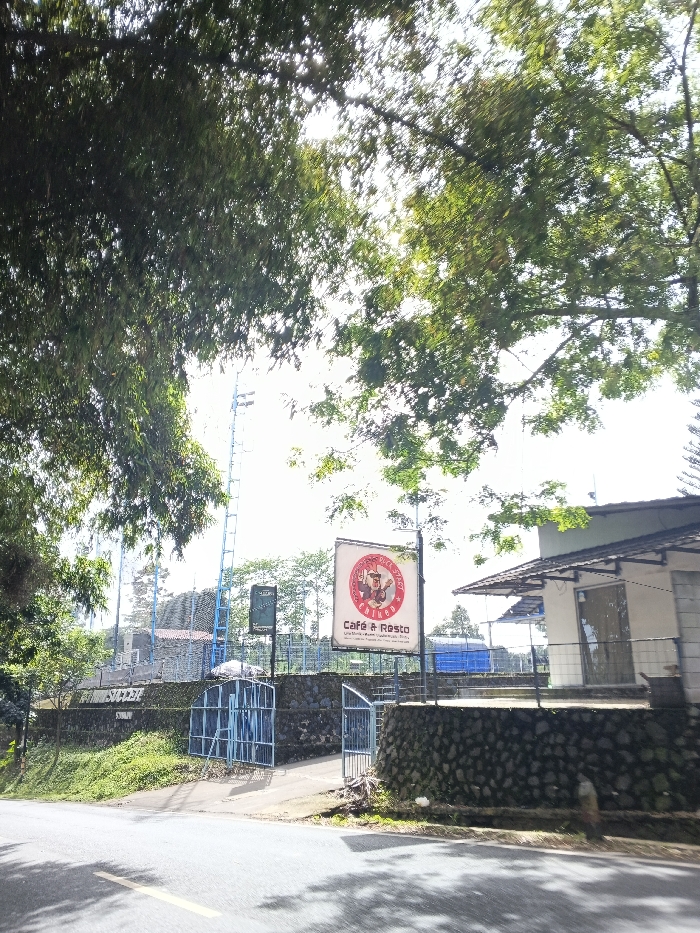 The image captures an outdoor scene in Carcar, Philippines, presenting a roadside view of a sports and dining facility on a bright, sunny day. The asphalt road in the foreground is dappled with shadows, indicative of clear weather and strong sunlight, likely morning or afternoon.
The upper part of the frame is filled with the dense, green foliage of large trees, which provide natural shade and frame the view of the facility. A low stone wall forms a boundary between the road and the property, with two blue metal gates, partially open, providing an entrance.
Behind the gates and wall, the facility extends. On the left, a sign confirms the presence of a "FUTSAL SOCCER" area. Tall, blue stadium light poles are visible in the background, suggesting a sports field enclosed by blue fencing or netting.
A prominent, large rectangular sign on the right advertises "THE OLD BRICK CAFE & RESTO." The sign features a logo with a stylized character, possibly a chef, and includes additional text: "Love Music • Good Food • Healthy." Below these, further details are visible, though less clear, seemingly listing menu items like "Pizza, Burger, Pasta, Coffee," and "Ice Cream." Adjacent to this sign is a building, likely the cafe and resto, characterized by a dark-tiled roof and light-colored walls.
No individuals are visible in the scene, and no specific activity or event is actively unfolding. The image conveys a neutral, pleasant atmosphere, highlighting the commercial and recreational aspects of the location.