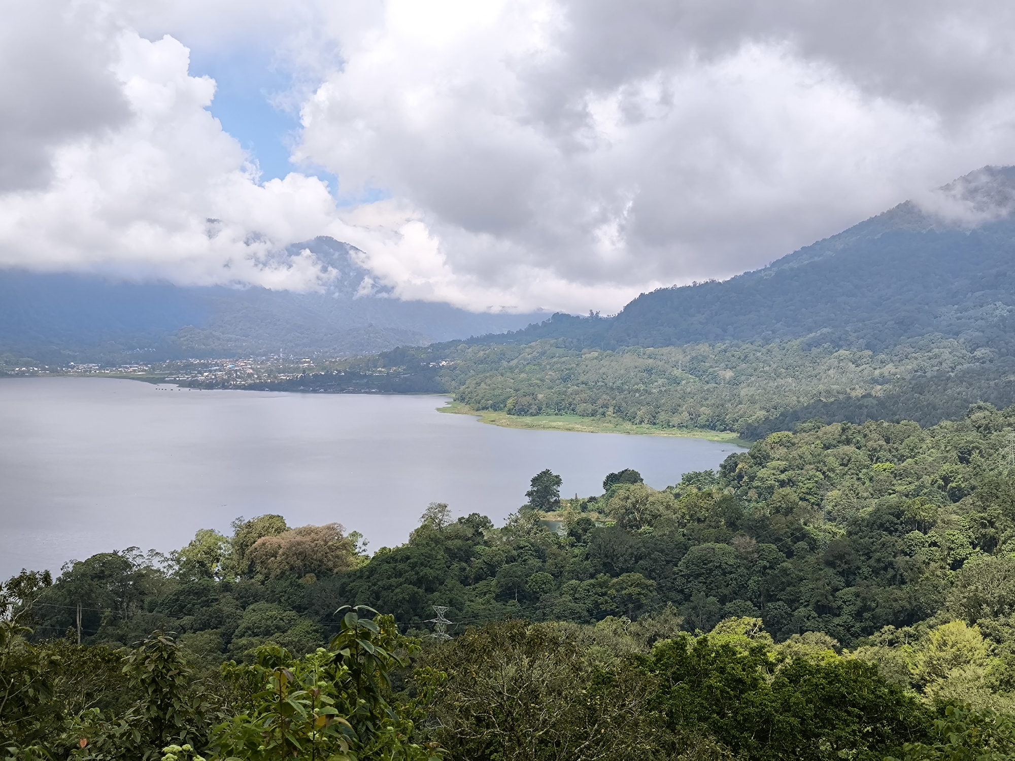 The image shows a landscape in Wanagiri, Indonesia. A lake fills the central portion of the frame, with forested hills surrounding it. The left side of the lake is bordered by a town. The sky is overcast with thick clouds, allowing only a few patches of blue to be visible. In the foreground, dense vegetation and trees obscure the view of the terrain. Power lines are also visible in the foreground, hinting at human infrastructure.