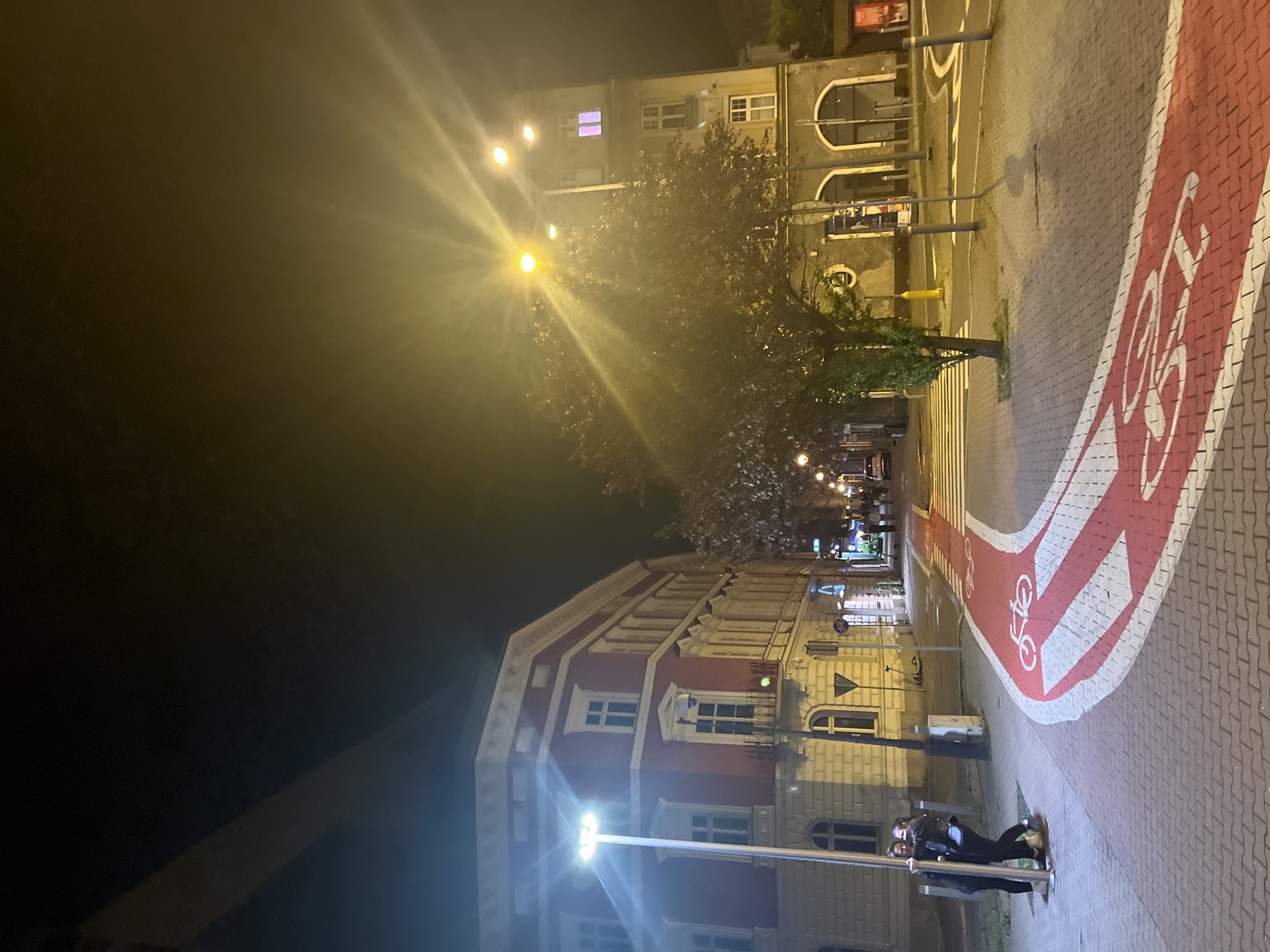 The image depicts a night scene in a city, possibly in Unknown, Unknown. A street with a marked bike lane is visible, with red and white paint indicating its purpose and direction. Buildings line the street, illuminated by streetlights, one of which creates a starburst effect. Some people stand near a lamppost on the right side of the image, their features obscured by the lighting conditions.
