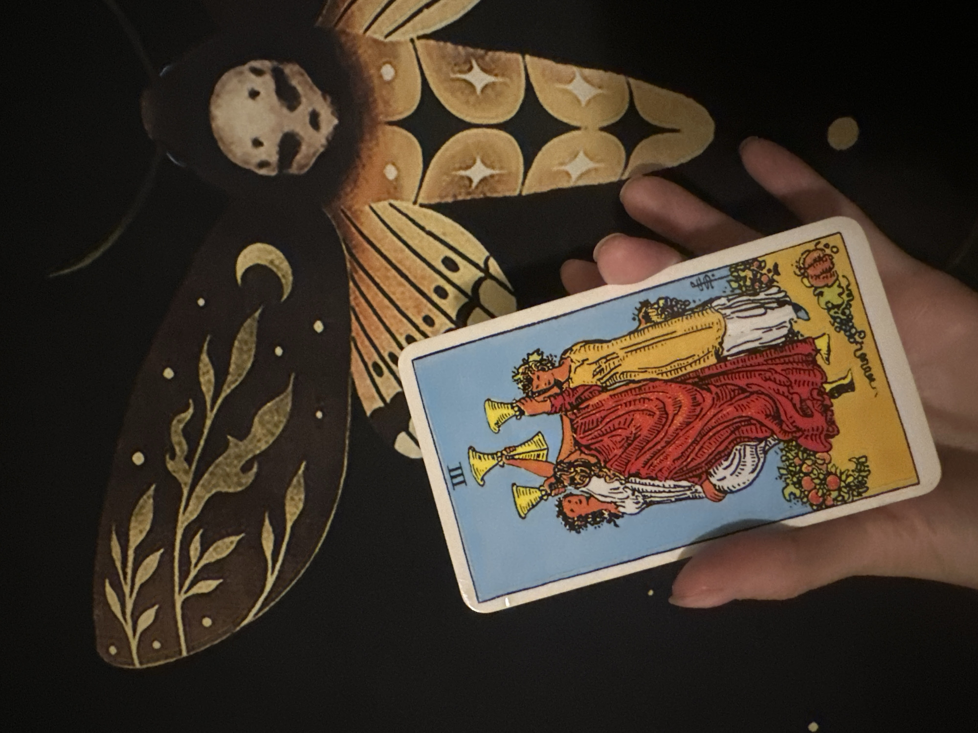 A hand holds up a Tarot card, the "Three of Cups," in front of a dark fabric with a large, stylized moth or butterfly design. The Tarot card depicts three women raising cups in celebration. The fabric behind it features a moth with intricate wing patterns, a skull-like face, and celestial motifs like moons and stars. There is no identifiable location in the city of Togliatti, Russia.