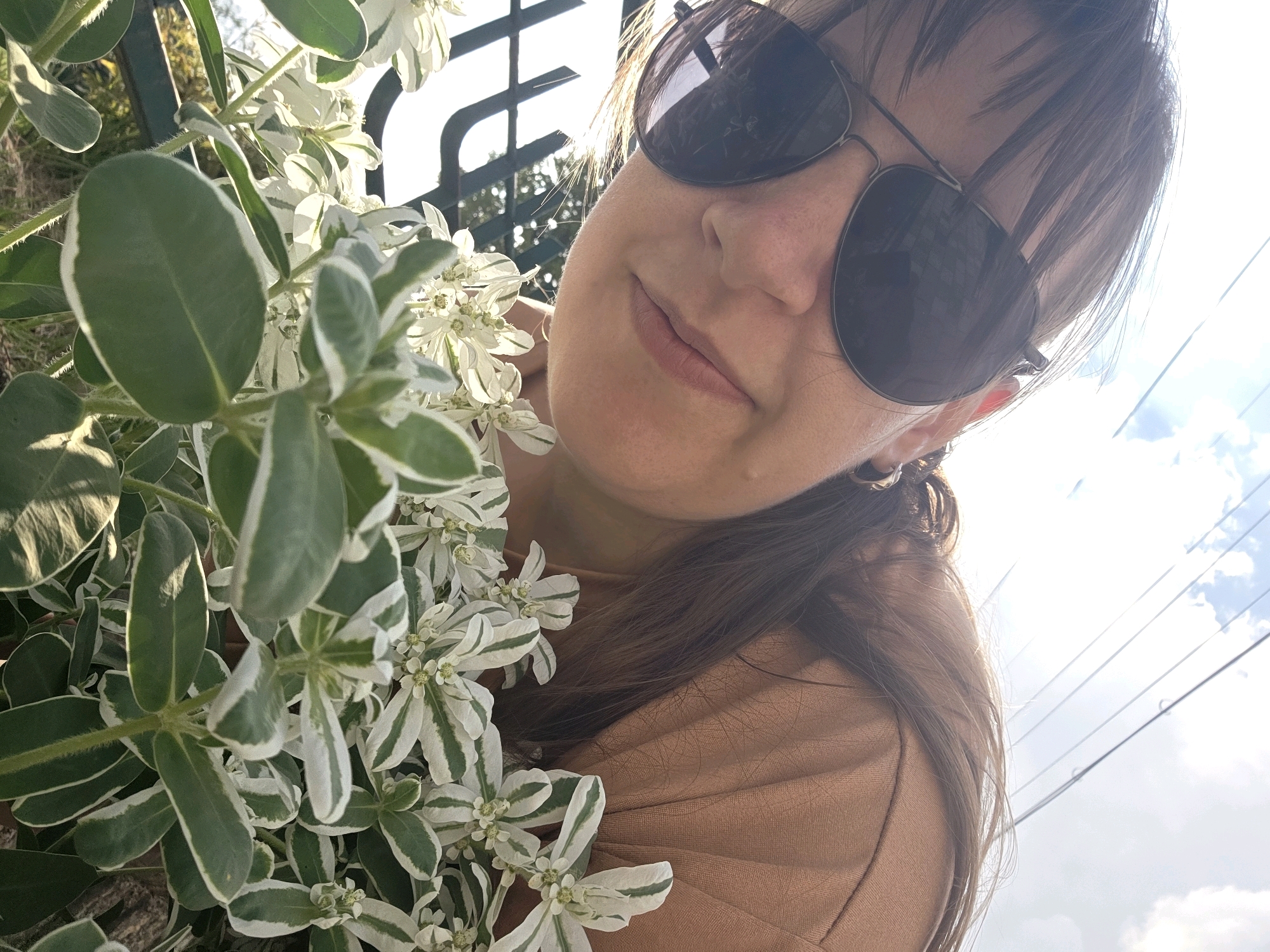 A young woman, partially obscured by foliage, is captured in a selfie from a low-angle perspective. She is wearing large, dark aviator sunglasses, and her brown hair is styled with bangs that fall across her forehead. Her skin tone is fair, and she is smiling slightly. She is wearing a tan-colored top, and a silver hoop earring is visible on her left ear. The foliage in the foreground consists of a plant with green leaves edged in white, and small clusters of white flowers. In the background, a dark metal fence or railing is visible, along with power lines against a bright, partly cloudy sky. The lighting suggests it is daytime, with the sun creating some lens flare. The image appears to be taken outdoors, possibly in a garden or park setting, though no specific location in Dunnae-myeon, South Korea can be determined from the visual information alone.