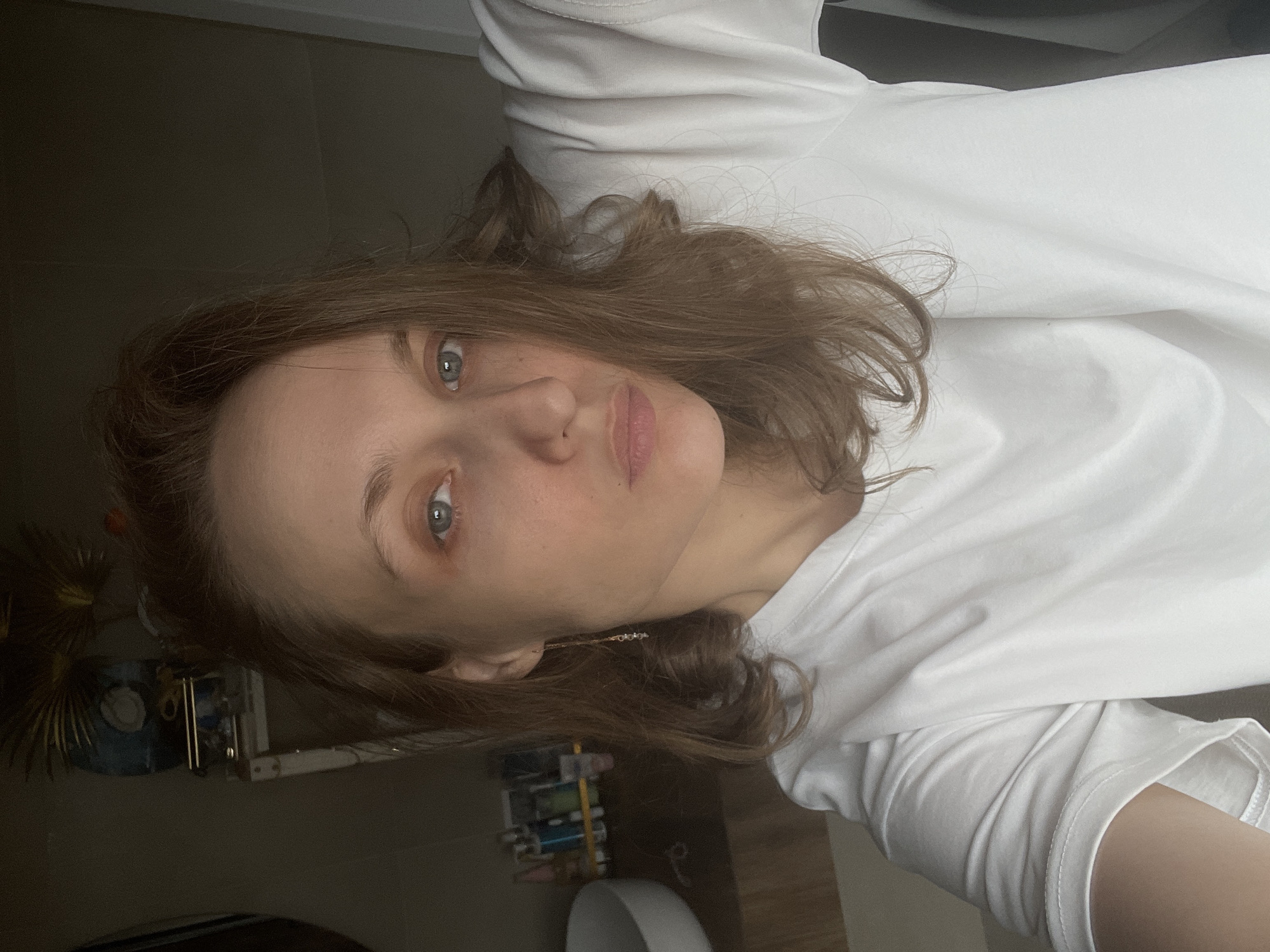 A light-skinned woman with light brown hair and blue eyes is shown in a close-up selfie. She is wearing a white t-shirt. Behind her is a bathroom or utility area with items such as a toilet, shelving with small objects, and decorative elements. The location is Podshivalovo, Russia.