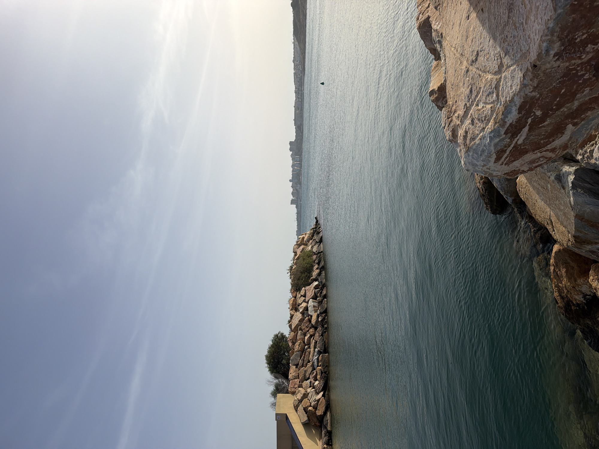 The image depicts a serene coastal scene at what appears to be a harbor or bay. In the foreground, large, weathered rocks line the edge of the water, with some rocks submerged. The water itself is a deep teal, rippling gently under a clear sky with faint wisps of clouds.
To the left, a man-made structure, possibly a breakwater or part of a pier, is visible. It's constructed with concrete and reinforced with stacked rocks, forming a barrier against the water. A small, solitary tree grows on top of this rocky formation.
In the mid-ground, the water stretches towards a distant shoreline where a city skyline is faintly discernible. Buildings of varying heights are clustered together, suggesting an urban area. A small green buoy floats in the water.
The overall lighting suggests either early morning or late afternoon, with a soft, natural light illuminating the scene and casting subtle shadows. The image is a still, environmental shot with no people or animals present.