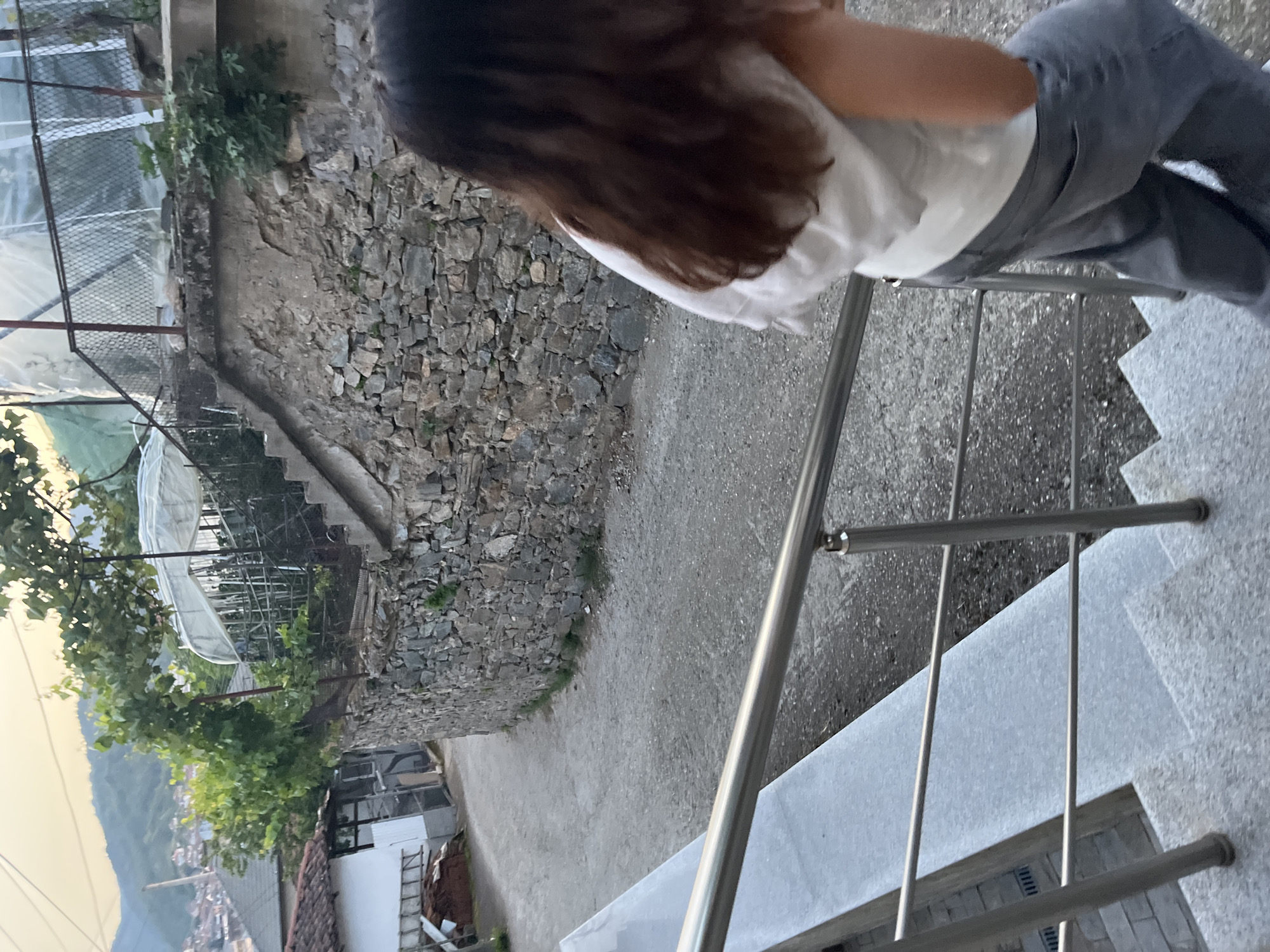 The image captures a downward-angled perspective of a semi-rural or older urban area in Zlatograd, Bulgaria, under soft, diffuse lighting, likely indicating dusk or dawn. In the immediate foreground, on the left, a section of modern concrete stairs with a grey speckled finish descends, flanked by a polished stainless steel railing with multiple horizontal bars and vertical posts.
To the right of the stairs, a person with long, dark brown hair, viewed from the back and slightly to the right, is also descending the stairs. This individual is wearing a loose-fitting, light-colored (possibly white or off-white) short-sleeved top and loose-fitting grey or dark blue pants. Their right arm is bent, suggesting a hand in a pocket or holding an unseen item.
Beyond the stairs and the person, a light-colored, unpaved or gravel road curves sharply to the left. Along the right side of this road, a robust retaining wall constructed from irregular grey and brown stones is visible. Above this stone wall, a concrete ledge supports a wire mesh fence with dark metal posts. Behind the fence, several structures are present: a large, white, translucent plastic-covered structure, likely a greenhouse, supported by a metallic or wooden framework, and other similar structures partially obscured. Green foliage and trees are scattered throughout this elevated area, including a vine growing over a red metal pole.
Further along the curved road, on the left, a white-walled building with a reddish-brown tiled roof is partially visible. A silver ladder leans against this building, and a pile of reddish-brown materials is situated nearby.
In the distant background, rolling, tree-covered mountains rise under a pale, diffused sky. A town or settlement is nestled in the foothills, identifiable by numerous buildings and rooftops. A tall, slender, light-colored industrial chimney or similar vertical structure stands prominently on the far left of the background, extending above the town.