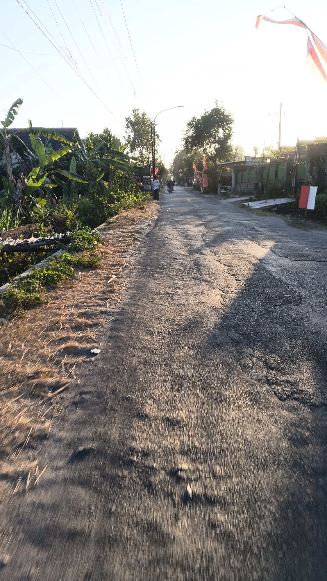 The image depicts a rural road in Rengel, Indonesia, during what appears to be the early morning or late afternoon, given the low angle of sunlight casting long shadows. The road surface is asphalt and shows signs of wear and tear, with cracks and patches visible. On the left side of the road, there is lush green vegetation, including banana trees, and a small ditch with a wooden structure. The right side of the road features a low wall, some buildings, and more greenery. Several Indonesian flags, predominantly red and white, are displayed along the roadside, suggesting a national holiday or commemoration. Two individuals on motorcycles are visible in the distance, traveling along the road. Overhead, numerous wires, likely for electricity and communication, crisscross the sky. The overall atmosphere is serene and suggests a typical day in a semi-urban or rural Indonesian setting.