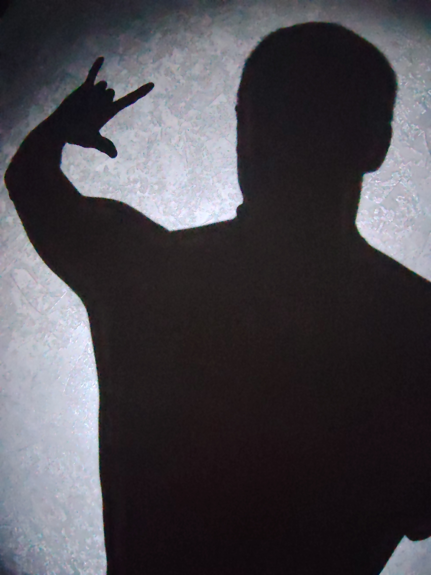 A silhouette of a person is shown against a textured, lighter background. The person is facing away from the camera, with their left arm raised. Their hand is in a gesture, with the index finger and pinky finger extended and the middle and ring fingers curled inward. The shadow suggests the person is wearing a t-shirt or short-sleeved shirt. The background appears to be a wall with a textured pattern. There are no identifying features of Chaikovsky, Russia present in the image.