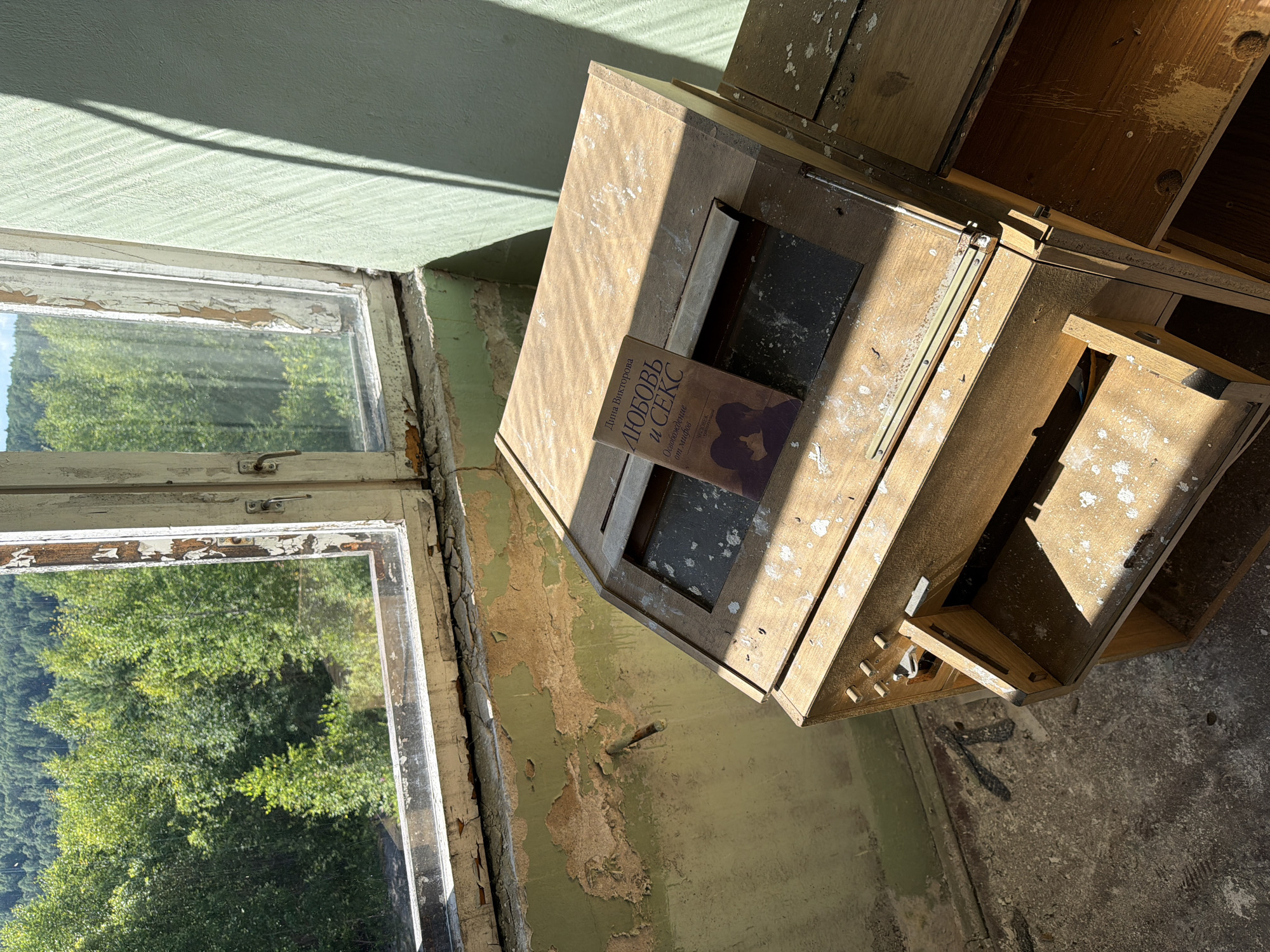 The image shows a derelict room with a large window overlooking a lush green forest. Sunlight streams through the window, casting diagonal shadows across the room and illuminating dust motes in the air. In the foreground, a wooden desk or cabinet sits under the window. A book with a dark cover featuring two silhouetted figures is placed on top of the cabinet. The walls of the room are peeling and stained, suggesting a state of disrepair. The floor is covered in debris, and the window frame is weathered and cracked. The scene appears to be an abandoned interior space, possibly in the city of Nikolsky, Russia, given the context of the prompt.