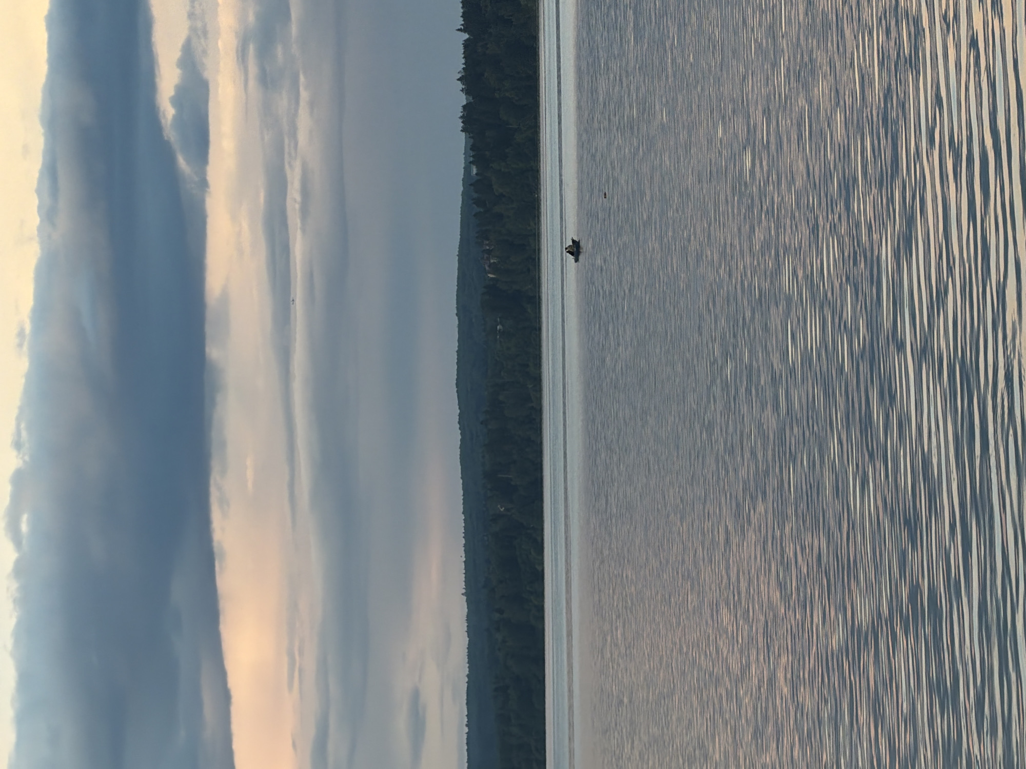 The image depicts a serene natural landscape, likely a body of water near Solnechnogorsk, Russia, given the context of the prompt. In the foreground, a calm lake or river is visible, its surface rippled by a gentle breeze, reflecting the muted colors of the sky. The water exhibits a textured pattern of light and shadow, creating a sense of depth and tranquility.
In the middle ground, a small boat with two occupants is positioned on the water. The individuals appear to be engaged in an activity on the boat, though their specific actions are indistinct from this distance. The boat itself is dark and low-profile, suggesting a simple vessel for recreation or fishing.
The background features a dense forest line, a dark, undulating strip of trees that stretches across the horizon. The foliage is dark green, indicating a thick canopy. Above the trees, a vast expanse of sky dominates the upper portion of the image. The sky is filled with a variety of clouds, ranging from soft, pale hues that suggest the gentle light of dawn or dusk, to darker, more imposing clouds that add a dramatic contrast. The interplay of light and cloud formations creates a moody and atmospheric backdrop to the scene. The overall impression is one of quiet solitude and natural beauty.