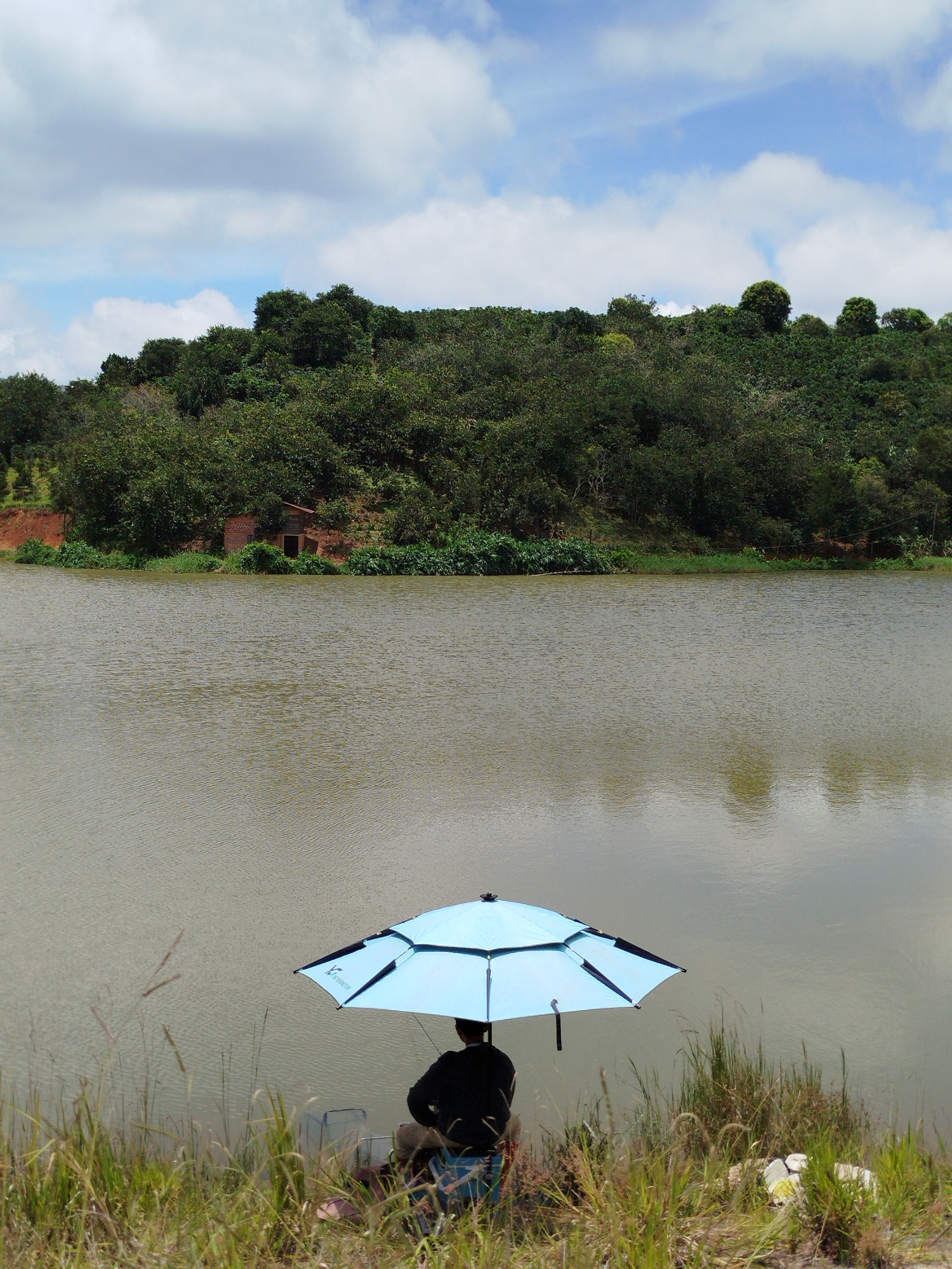 A person sits on the grassy bank of a body of water, under a light blue umbrella. They are facing away from the camera, wearing a dark jacket and light-colored pants. In front of them are two fishing crates. The water is calm and reflects the overcast sky and surrounding greenery. The background features a dense, green hillside with trees and some vegetation. A small, dilapidated brick structure is visible nestled into the hillside. The sky is a mix of blue and white clouds. The overall scene suggests a peaceful fishing excursion. This location is likely near Xuân Sơn, Vietnam, characterized by its lush, hilly terrain and proximity to water bodies.