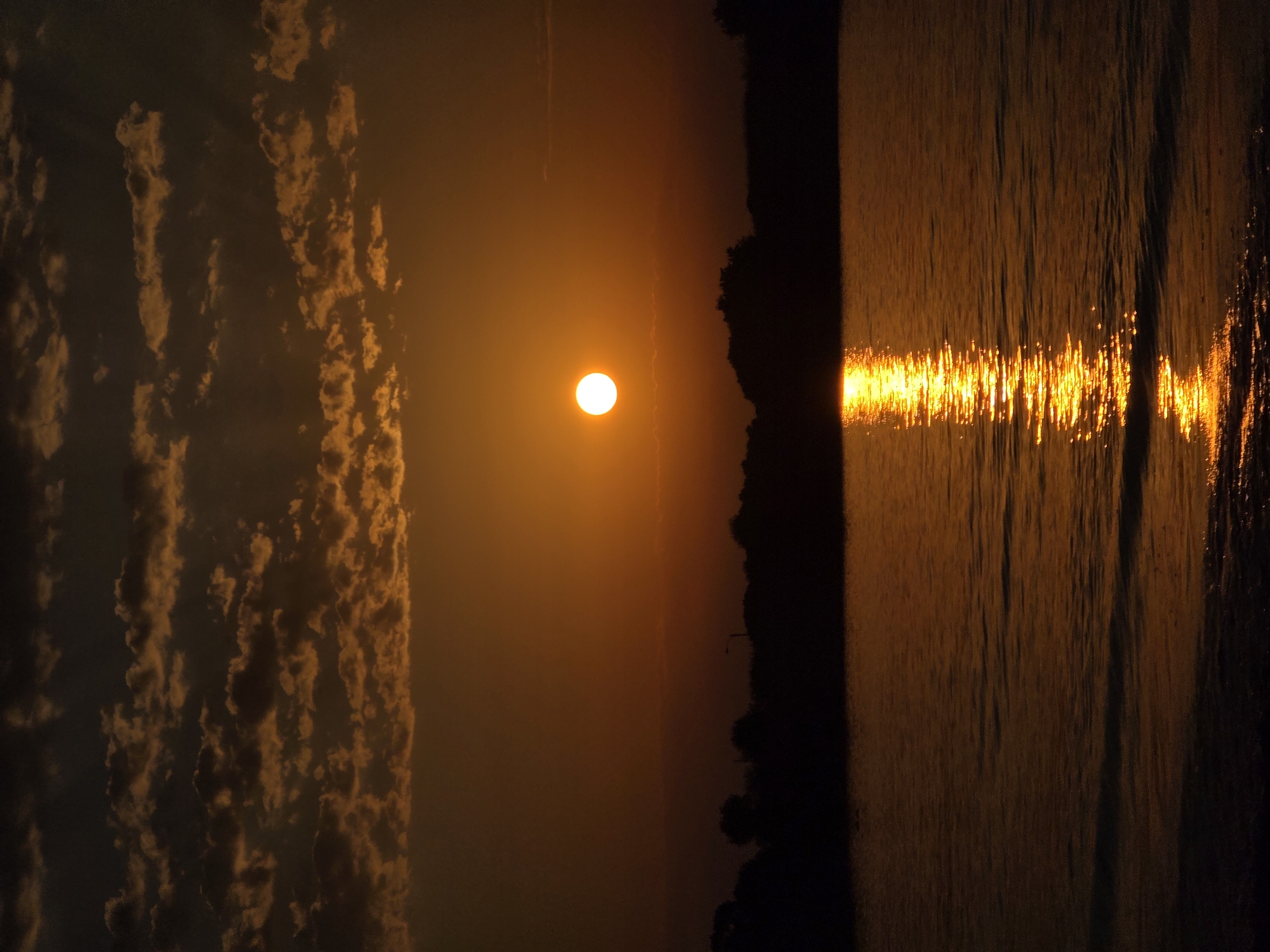 A vertical, full-shot photograph captures a sunset over a body of water, likely the Black Sea near Chernomorets, Bulgaria. The sun, a bright white orb, is positioned in the upper-center of the frame, emitting a strong golden glow that reflects in a shimmering path across the water. The sky is a gradient of deep orange and brown, with scattered, textured clouds illuminated by the setting sun. The horizon is marked by a silhouetted line of trees and vegetation, with a single lamppost faintly visible within the darkness. The water in the foreground is a rich, warm orange, with small waves rippling on the surface, creating a sense of movement and tranquility. The image is dominated by warm tones and evokes a peaceful, natural scene.