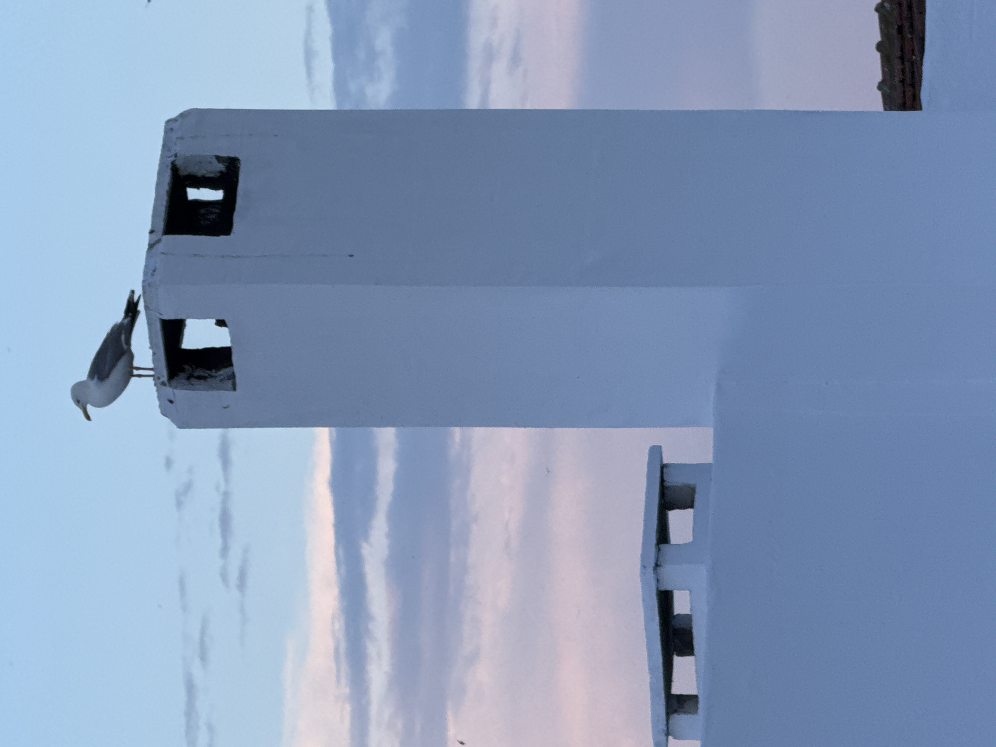 A solitary seagull perches atop a white, rectangular chimney. The chimney, with two rectangular openings at its top, is situated on a white rooftop. In the background, a pale blue sky is streaked with wispy pink and gray clouds. To the left of the main chimney, a smaller, similar structure is visible on the same rooftop. Further to the right, a portion of a red-tiled roof can be seen. The scene is likely from Burgas, Bulgaria, given the architectural style and the common presence of seagulls along the coast.