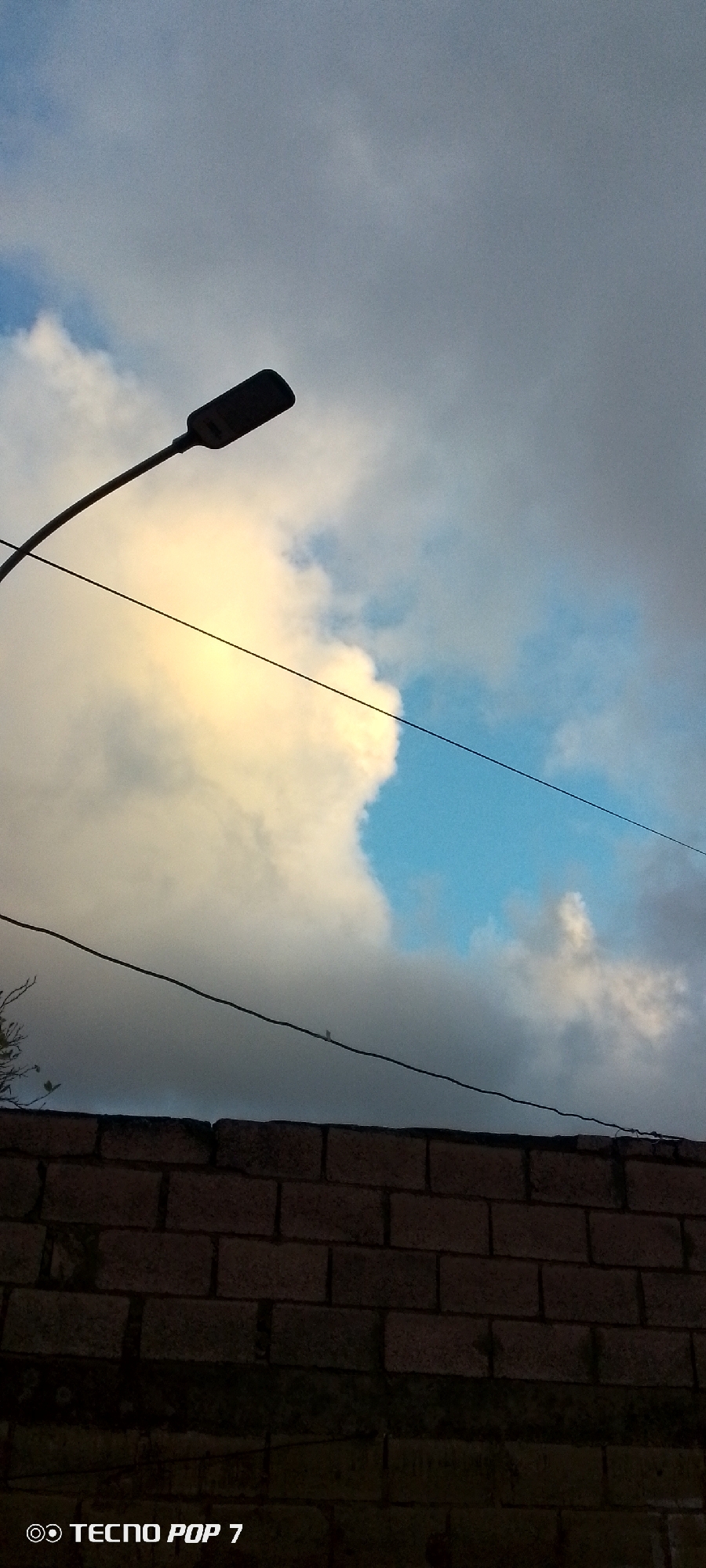 In Altagracia, Venezuela, a streetlamp extends from the left edge of the frame, its dark, rectangular head positioned against a cloudy sky. Below the lamp, a curved arm descends, supporting thin, dark electrical wires that traverse the frame horizontally. A brick wall forms the lower portion of the image, its rough texture and varying shades of brown and gray suggesting an outdoor setting. The sky is a mixture of blues and grays, with large, white clouds illuminated by a warm, yellow light, possibly from the setting sun. The overall scene captures a moment of dusk in the city.