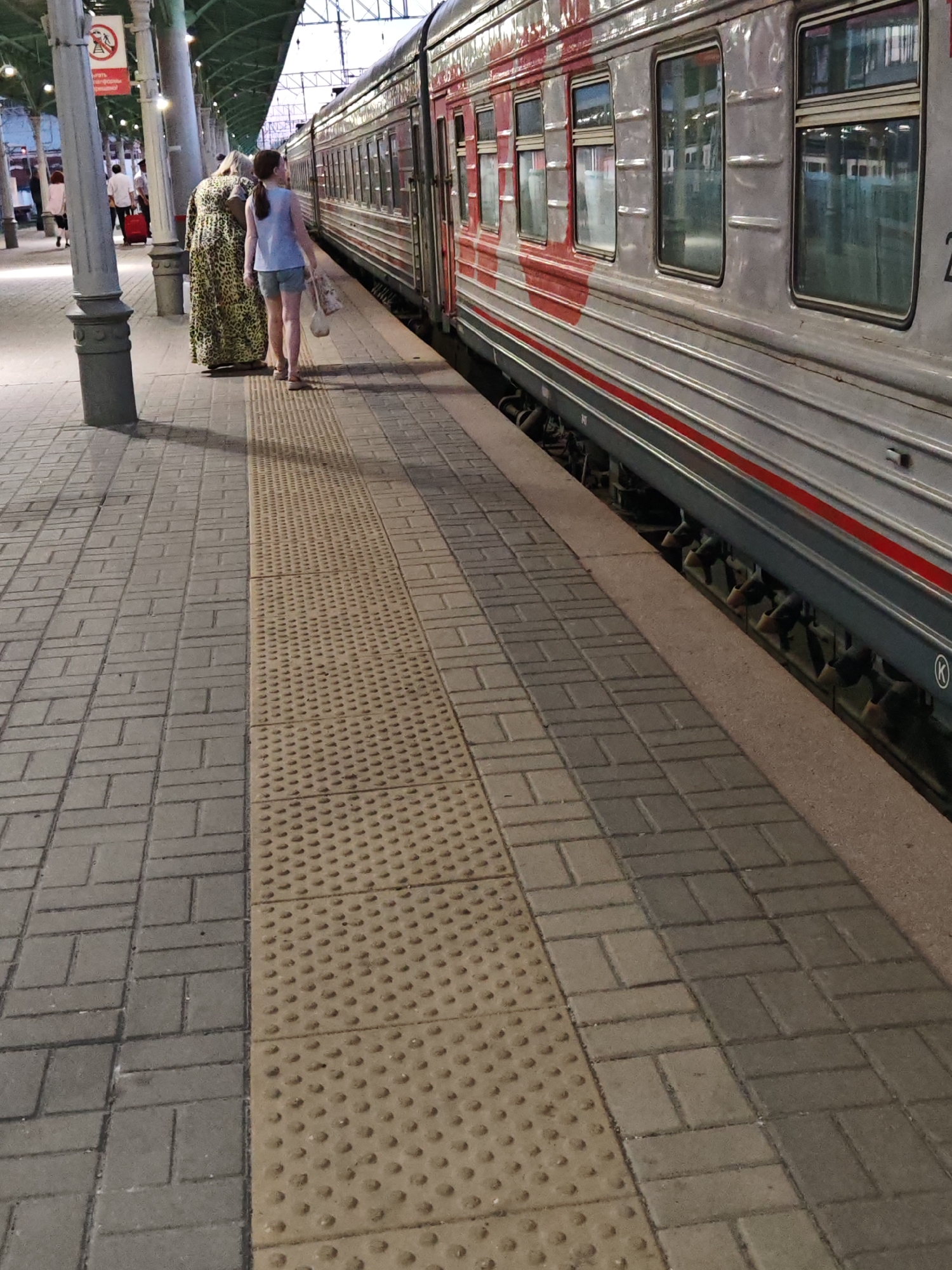 The image captures a scene at a train station in Moscow, Russia. Two women, one in a long, leopard-print dress and another in a blue tank top and shorts, stand on a platform next to a train. The woman in the dress is facing away from the camera, while the woman in shorts is turned slightly away, carrying a light-colored bag in her right hand and a lighter bag in her left. The platform is paved with textured yellow tactile paving tiles next to standard grey brick pavers.
The train, which appears to be a passenger train, is gray with red accents and circular red markings. Its windows reflect the surroundings. In the background, other people can be seen on the platform, and a red suitcase is visible near a lamppost. The overhead structure of the train station's roof is also visible, supported by pillars, one of which is prominently featured in the foreground. The lighting suggests it is either early morning or late evening. There is no visible text in the image. The overall atmosphere appears to be one of travel or waiting.