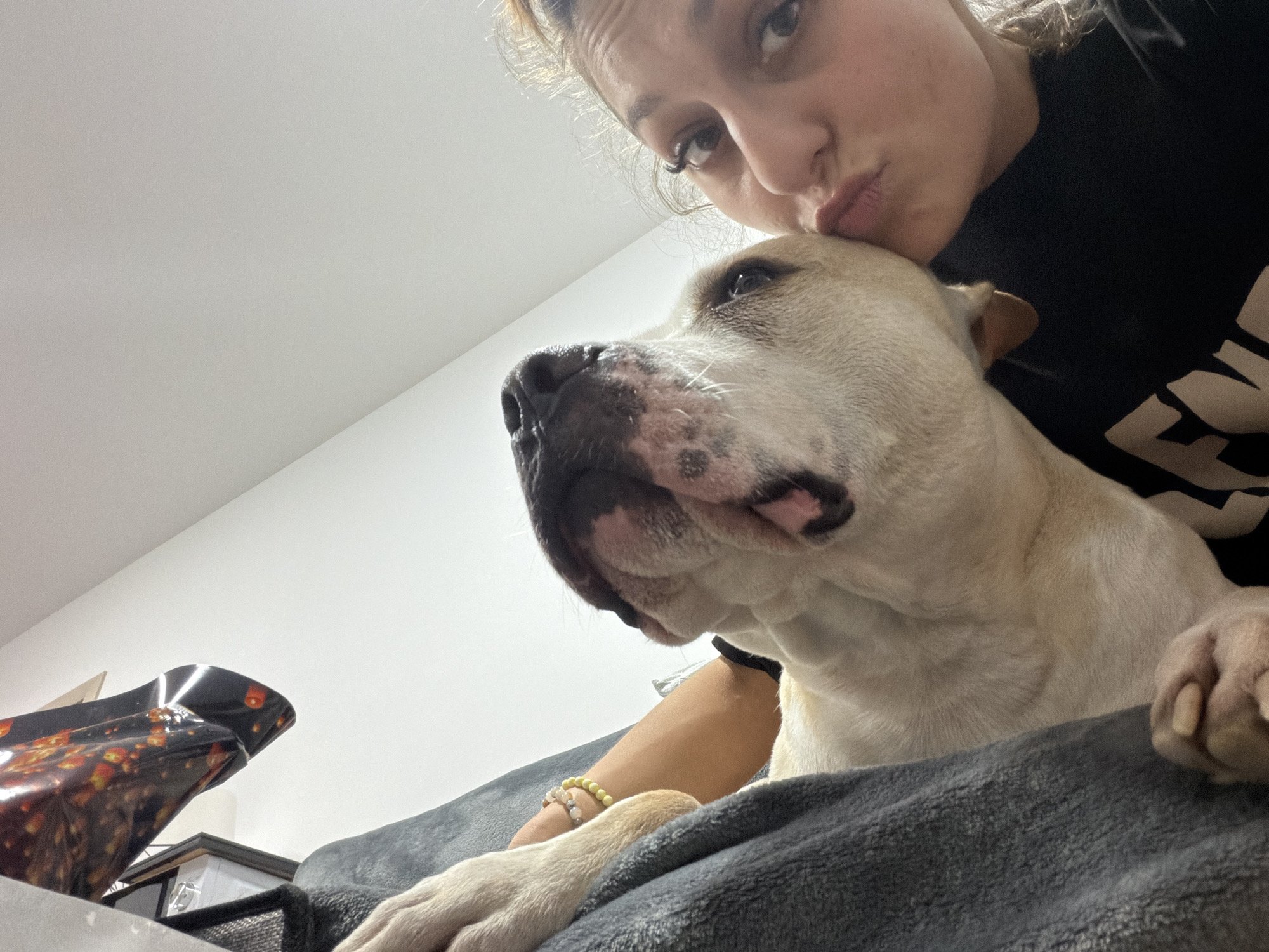 This close-up selfie captures a heartwarming moment between a woman and her dog in an indoor setting in Plovdiv, Bulgaria.
The primary subjects are a woman and a large, light-colored dog, likely a Pitbull type or similar breed. The woman is visible in the upper right, from her forehead to her chin, with her head tilted down towards the dog. Her lips are puckered in an affectionate gesture, as if giving the dog a kiss or snuggling close. She has dark hair and her eyes are looking towards the camera. She wears a dark shirt, and her forearm, adorned with light-colored beaded bracelets, is visible resting near the dog. The dog, with a broad head and dark spots on its snout, is the central focus, looking intently towards the left side of the frame, away from the camera. Its light-colored fur and attentive posture suggest calmness.
The setting appears to be a casual indoor space, possibly a living room or bedroom. A dark grey, textured blanket or cover drapes across the lower part of the frame, suggesting the subjects are on a couch or bed. The background is dominated by a plain white wall or ceiling, indicating a simple, uncluttered environment. To the far left, a dark, reflective object adorned with a pattern resembling glowing lanterns or lights is partially visible, possibly decorative packaging or a gift bag.
The image conveys a strong sense of affection, warmth, and companionship between the woman and her pet. The lighting is bright and even, characteristic of an indoor scene during daytime or under good artificial illumination. No discernible text is visible.