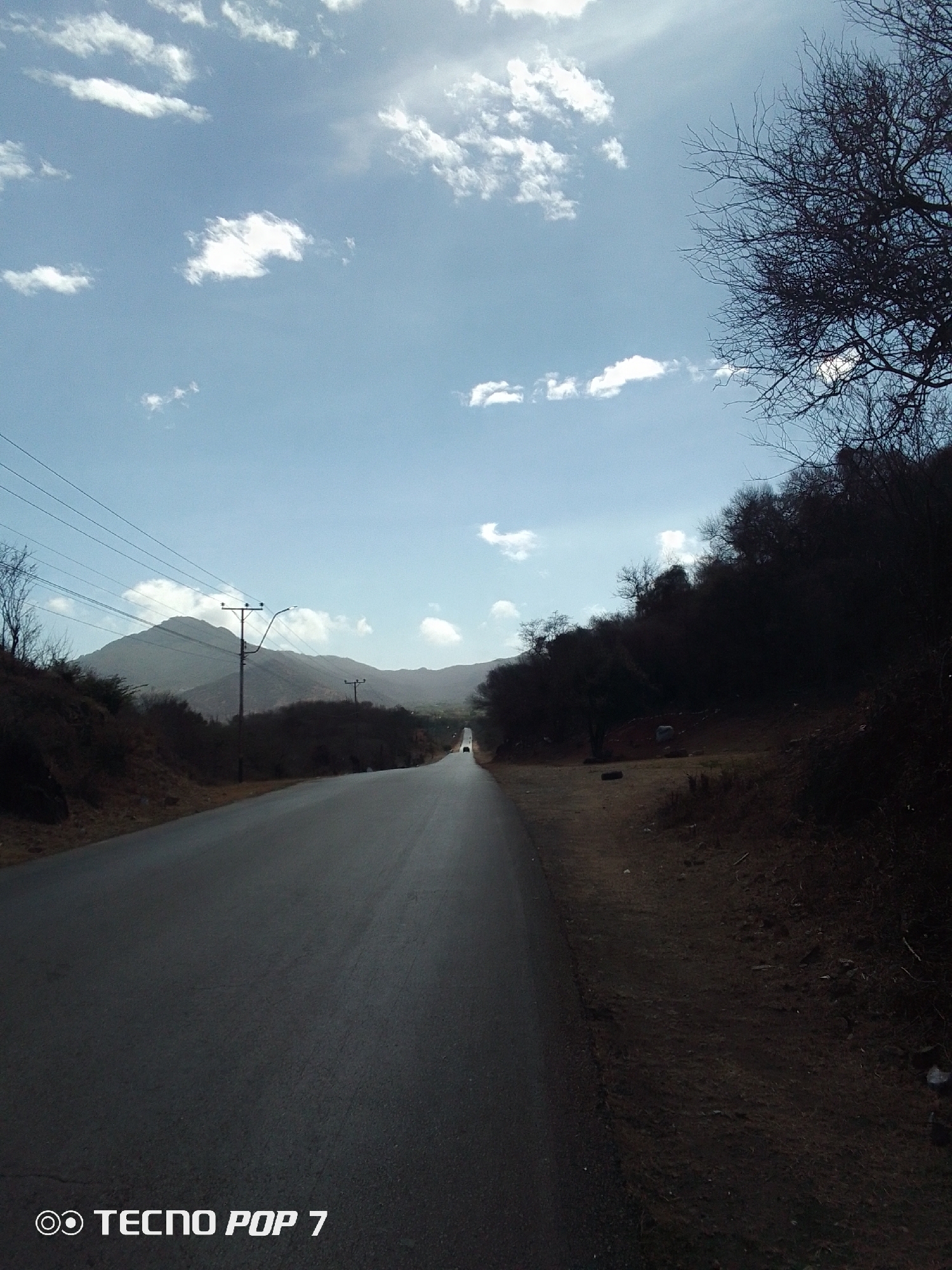 A low-angle, eye-level shot captures a straight asphalt road stretching into the distance, under a bright, cloudy sky. The road, wet with recent moisture, leads towards a blurred silhouette of a vehicle in the far distance.
To the left, power lines run parallel to the road, supported by utility poles, leading towards a mountainous landscape in the background. The left side of the road is bordered by low, dry vegetation and trees, while the right side is densely covered in dark trees and shrubs.
The image appears to be taken on a road leading out of Pedro González, Venezuela. The trees are without leaves. The words "TECNO POP 7" appear in the lower-left corner.