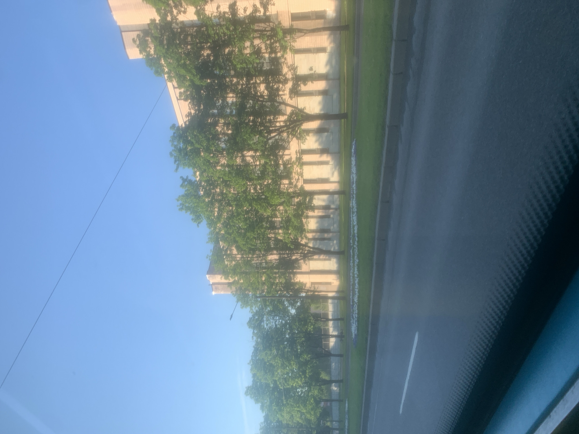 The image, taken from inside a vehicle, captures a bright, sunny outdoor scene along a street. A vast, clear blue sky dominates the upper portion of the frame, with a thin, dark cable or power line stretching diagonally across it.
In the mid-ground, a neat row of tall, leafy green trees stands in front of a multi-story building. The building, constructed from light-colored material like brick or stucco, features numerous regularly spaced rectangular windows. Strong sunlight casts distinct, elongated shadows from the trees onto the building's facade, suggesting either morning or late afternoon. A single street lamp post is partially visible among the trees.
Parallel to the trees and building, a paved road stretches across the right side of the frame. A strip of green grass separates the trees from the asphalt. A single, short white lane marking is visible on the road. The extreme right edge of the image reveals part of a car's interior, possibly the dashboard or windshield trim, showing a textured, dark surface with a subtle bluish tint.
No people or animals are visible in the scene, and there is no discernible text. The setting appears to be a quiet, well-maintained urban or suburban area under clear weather conditions.